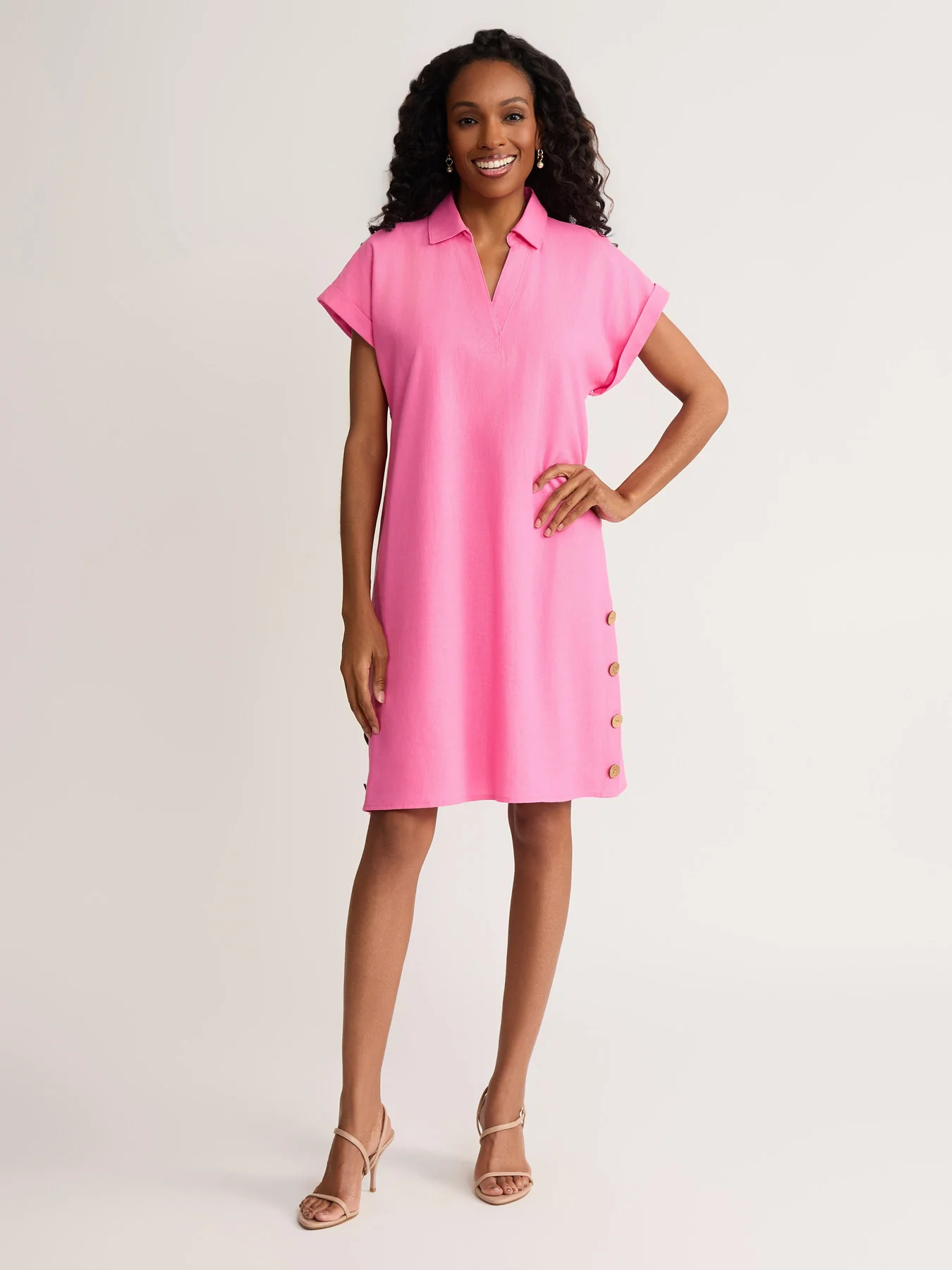 A-Line Collared Side Button Dress, Linen Blend