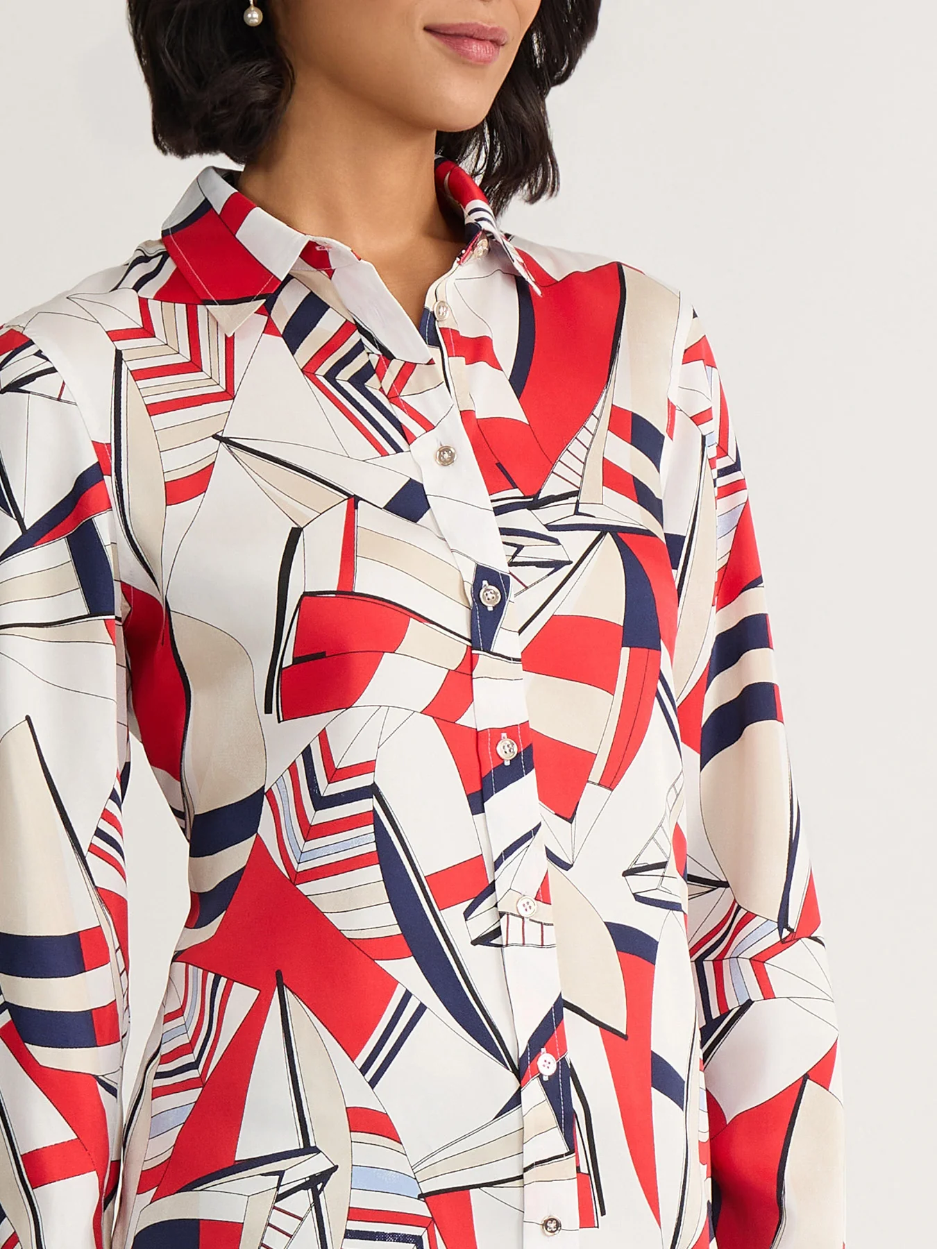 Abstract Print Button-Up Blouse, Satin Twill - Image 3