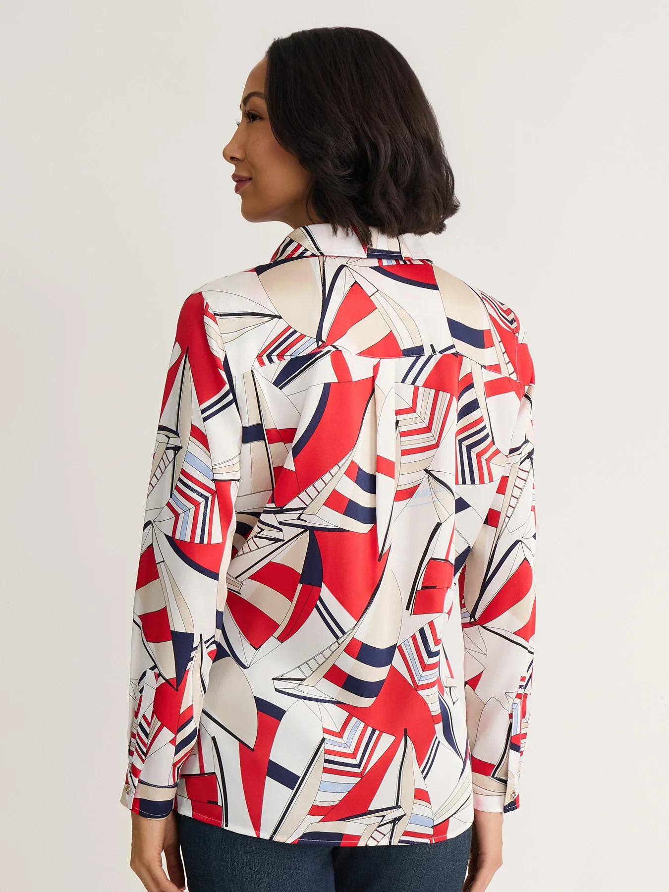 Abstract Print Button-Up Blouse, Satin Twill - Image 4