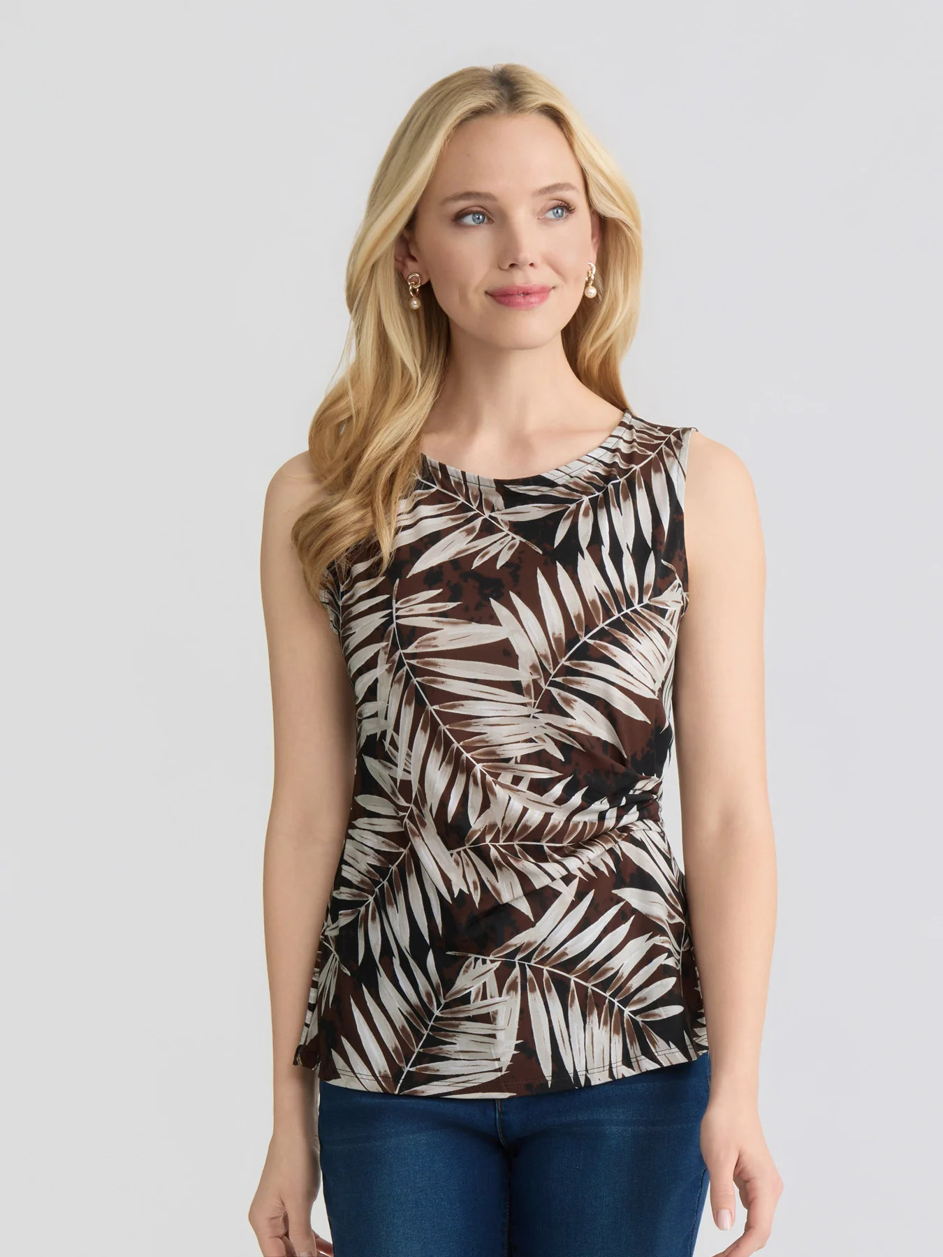 Botanical Side Pleat Tank, Printed Jersey Knit