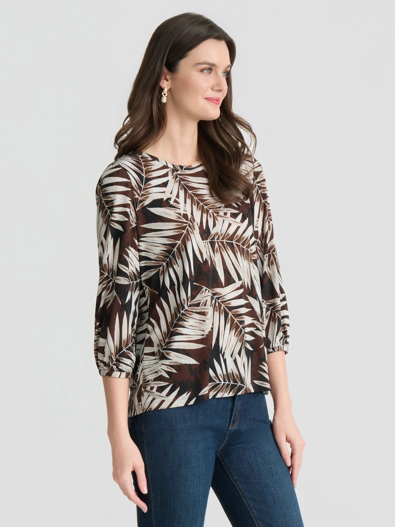 Botanical Three Quarter Sleeve Top, Printed Jersey Knit - Image 2