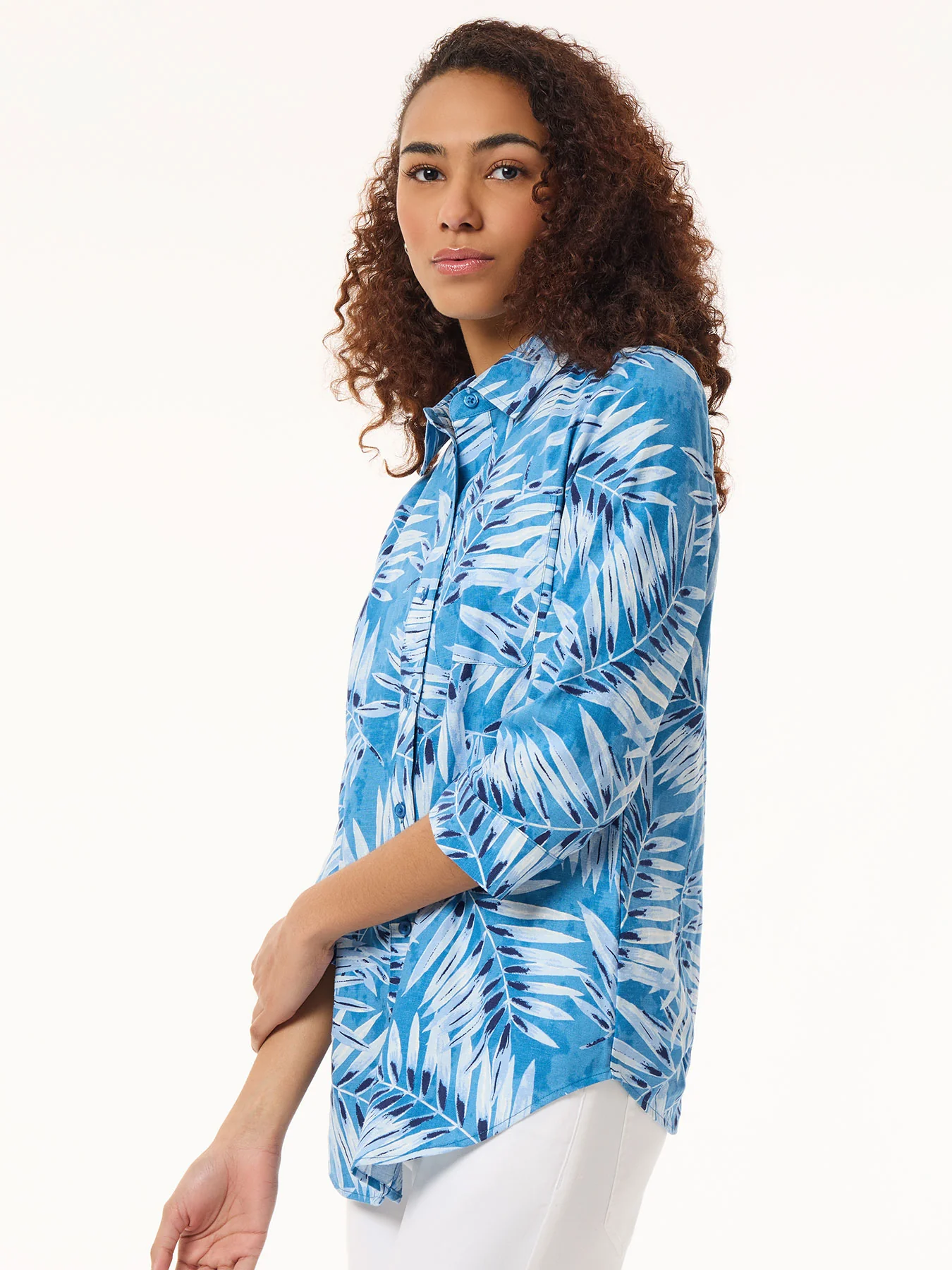Button Front Tropical Shirt, Printed Linen Blend - Image 2