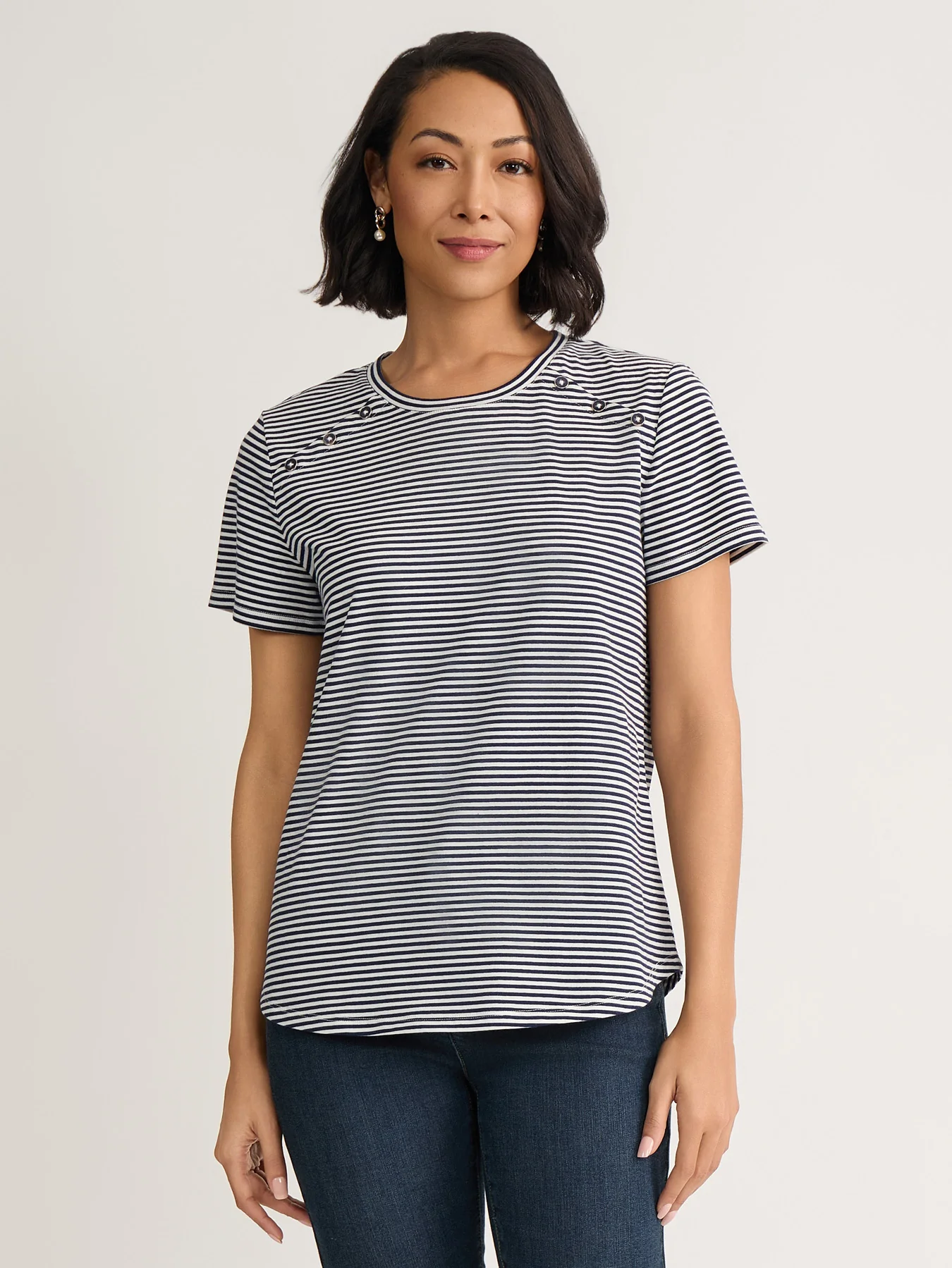 Button Shoulder Tee, Striped Knit