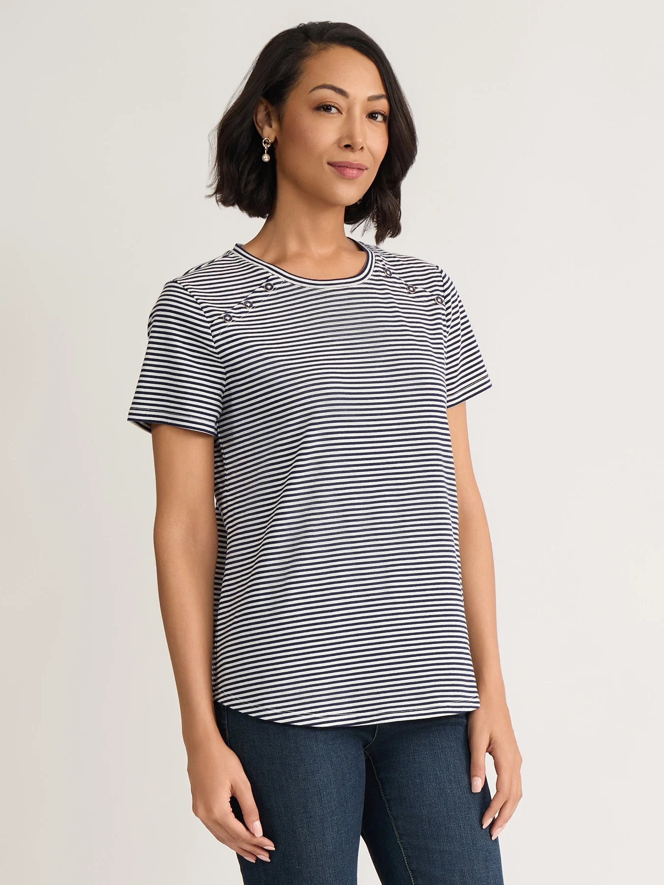Button Shoulder Tee, Striped Knit - Image 2