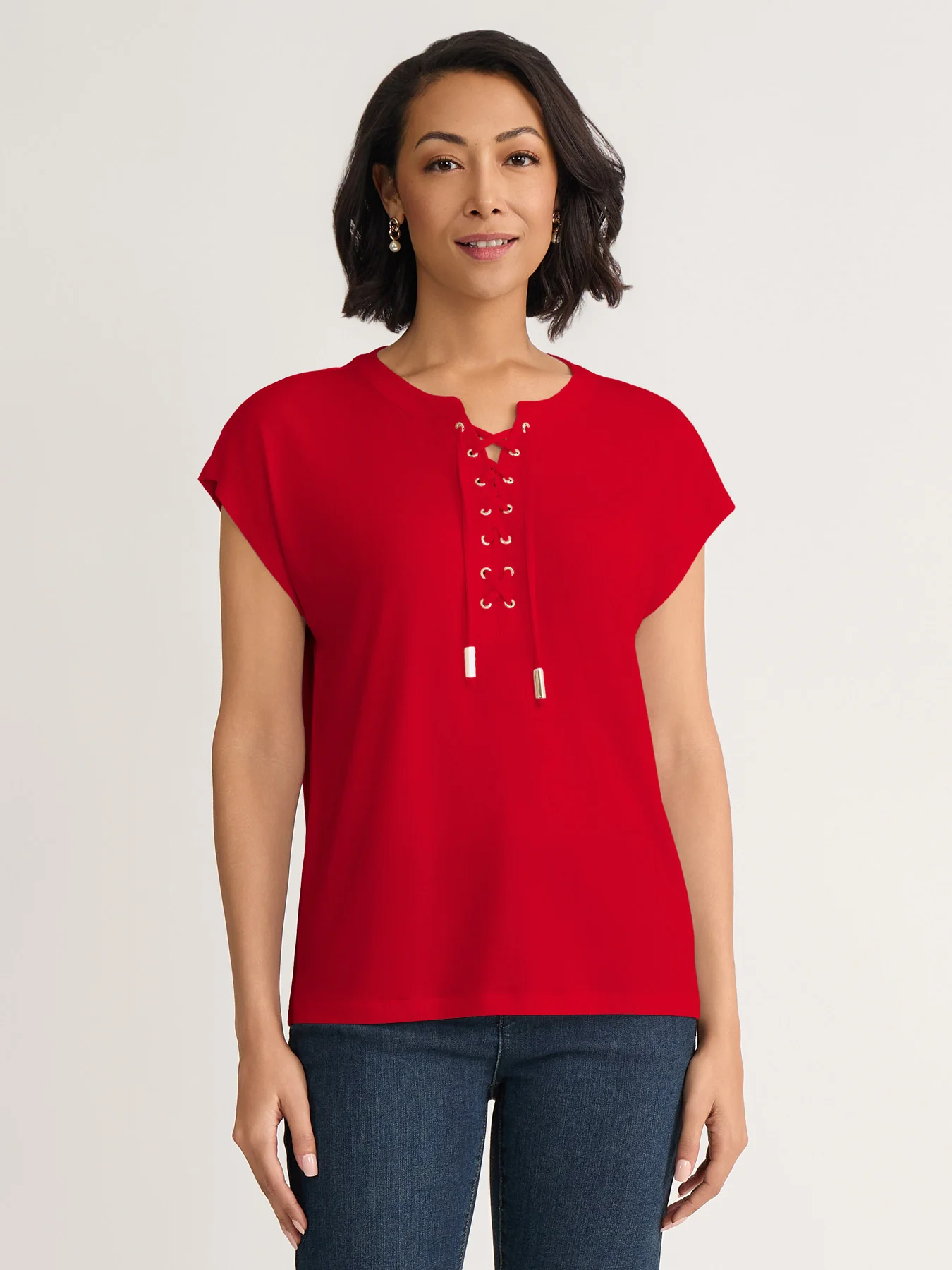 Cap Sleeve Lace Up Top, Jersey Knit