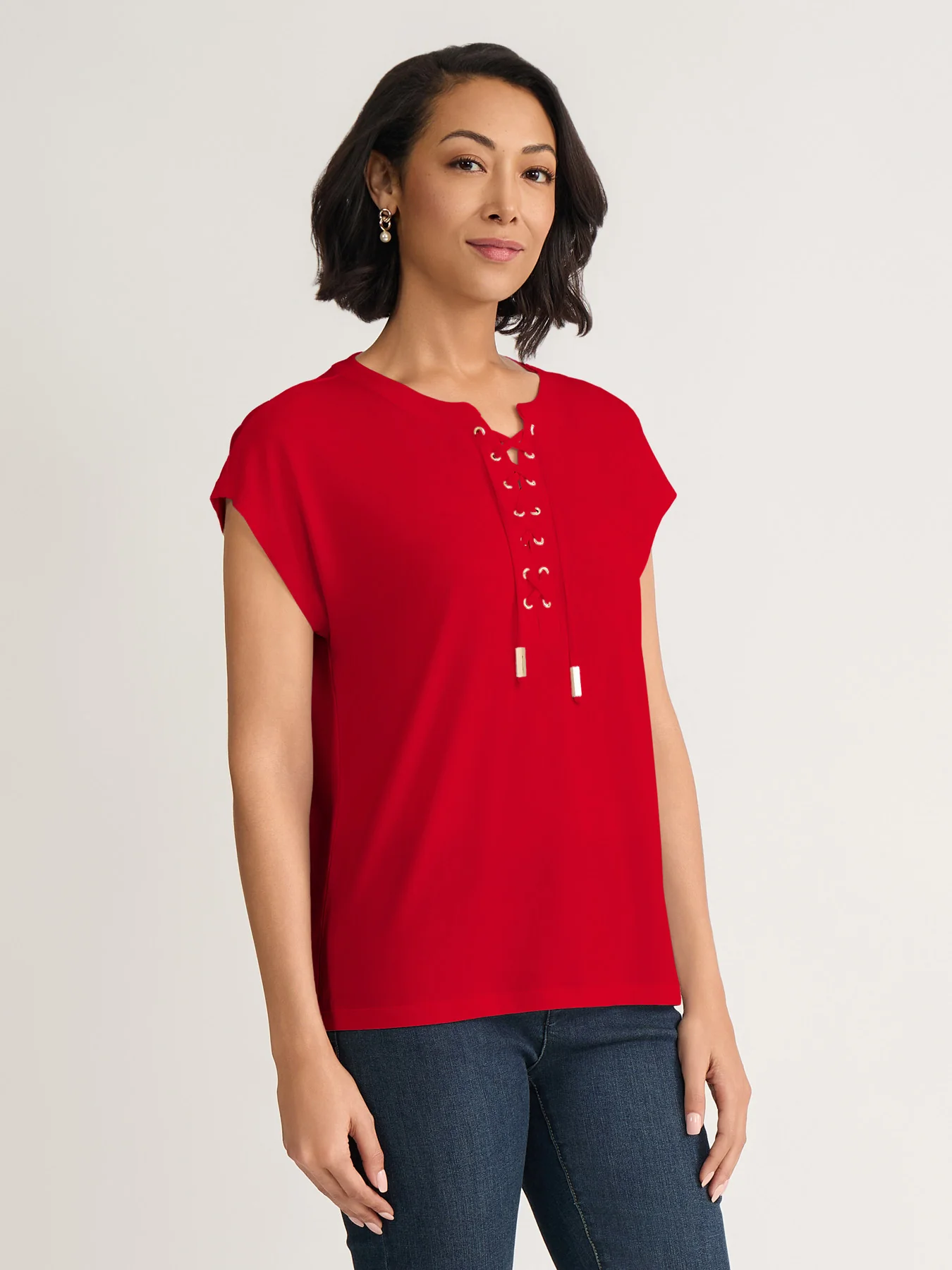 Cap Sleeve Lace Up Top, Jersey Knit - Image 2