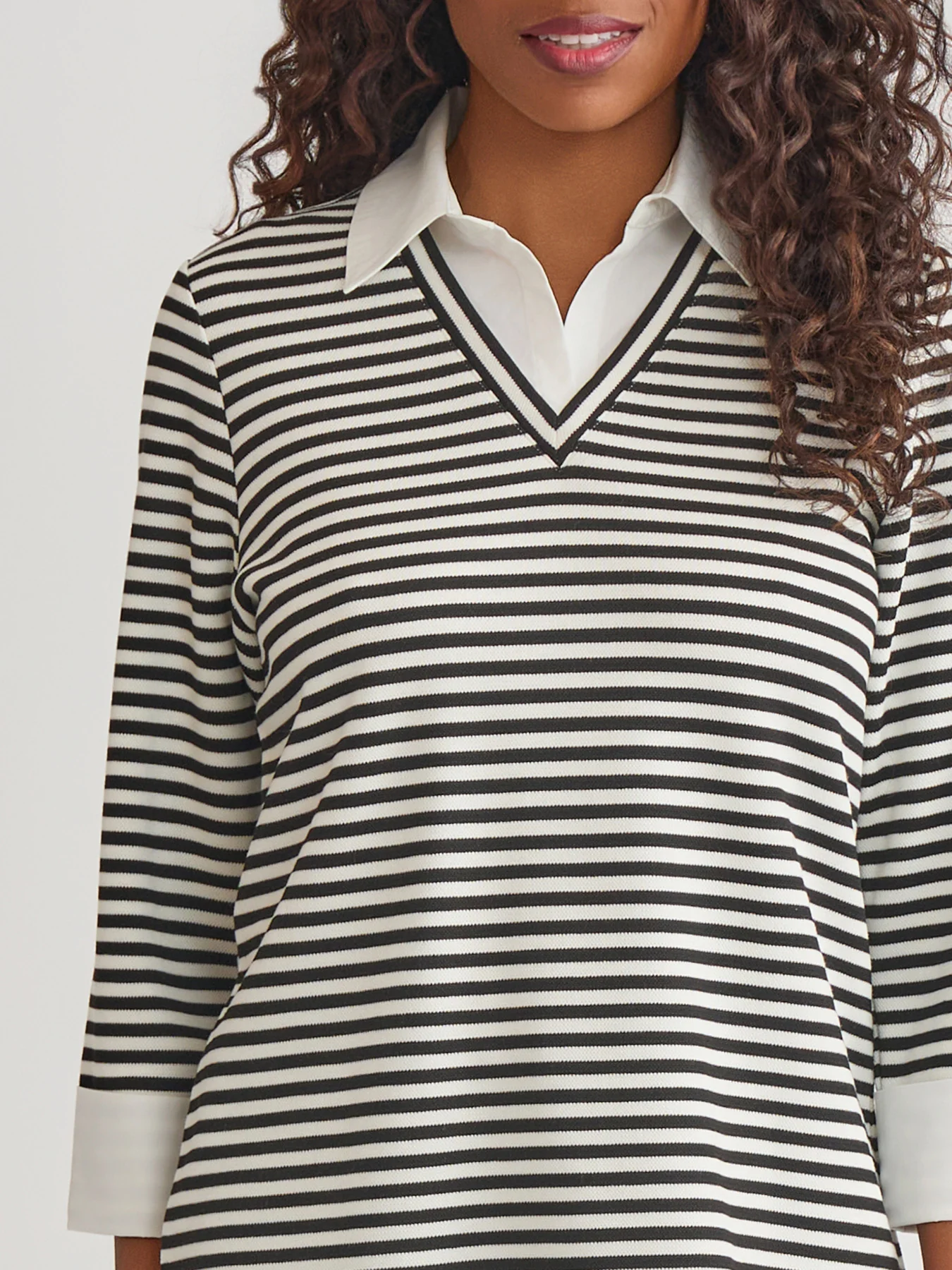 Collared Shirt V-Neck Two-Fer Stripe Top - Image 2
