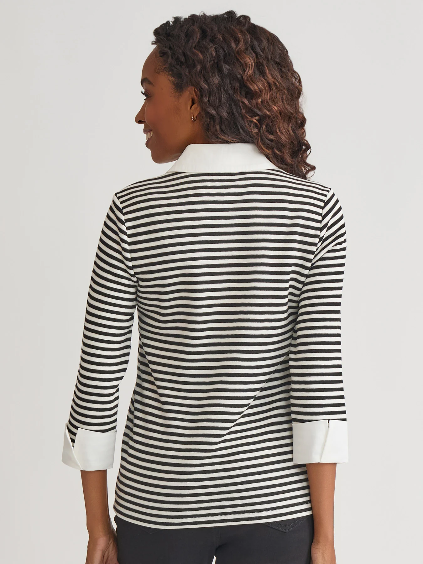 Collared Shirt V-Neck Two-Fer Stripe Top - Image 3