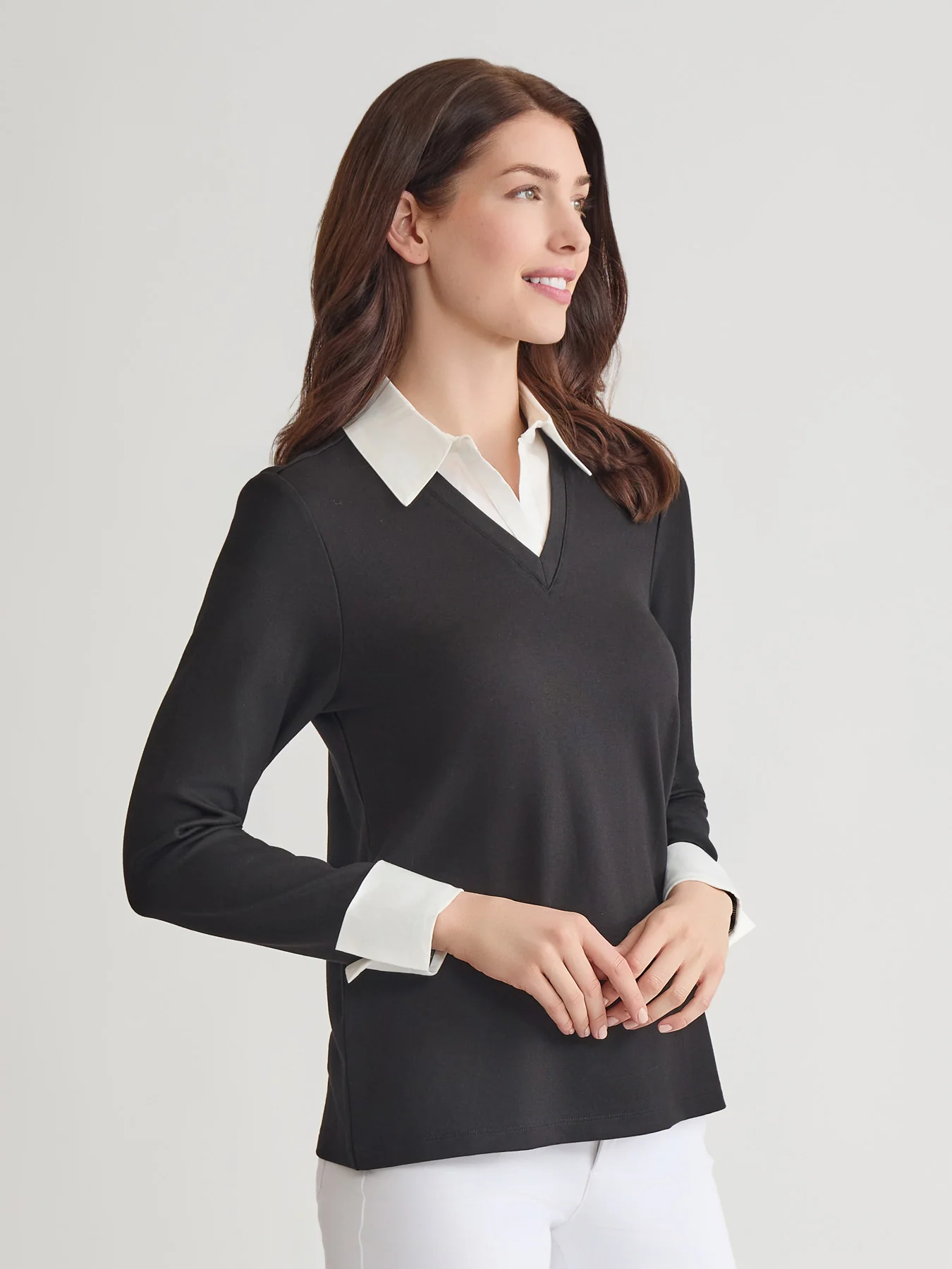 Collared Shirt V-Neck Two-Fer Top - Image 2