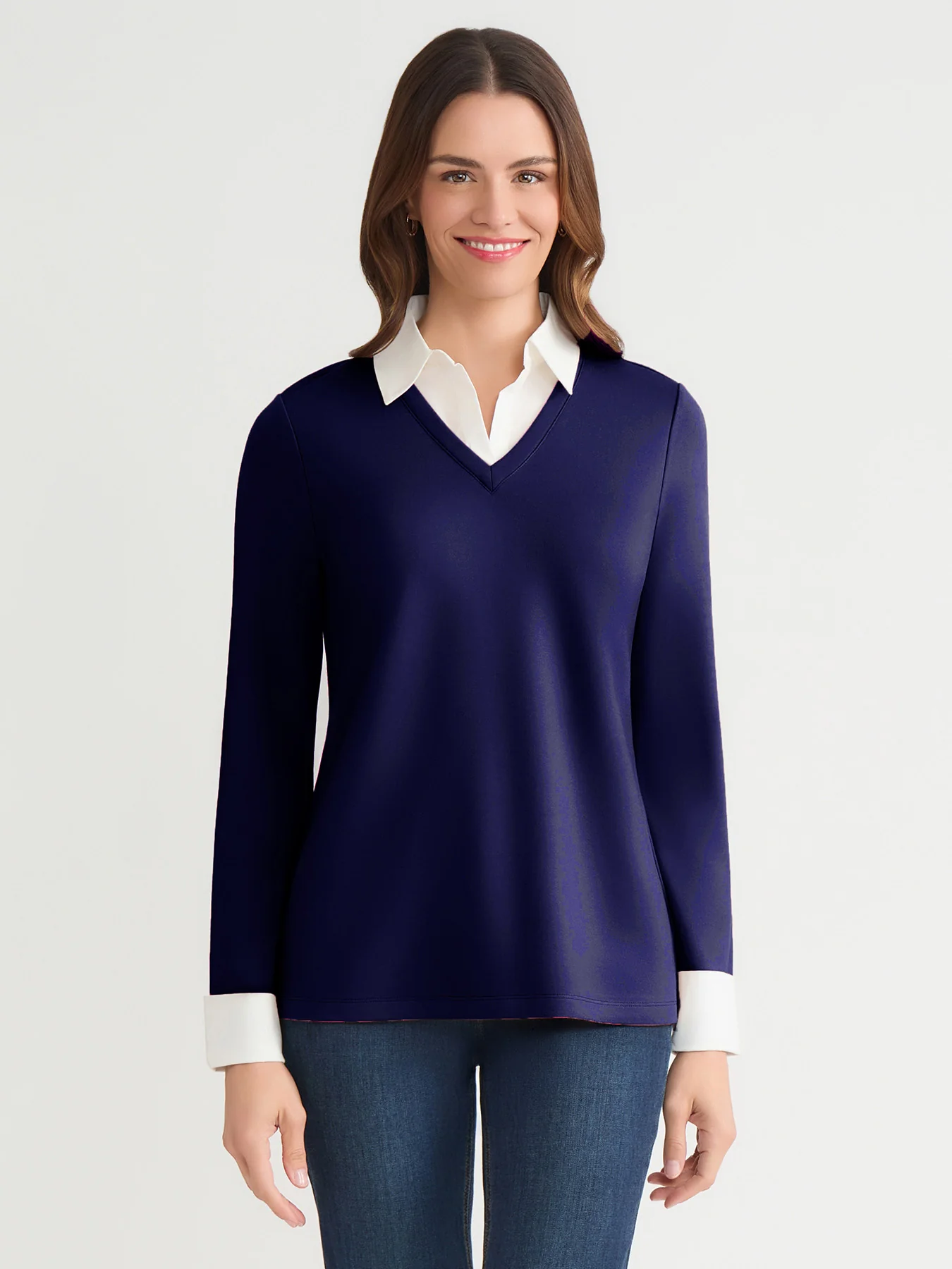 Collared Shirt V-Neck Two-Fer Top