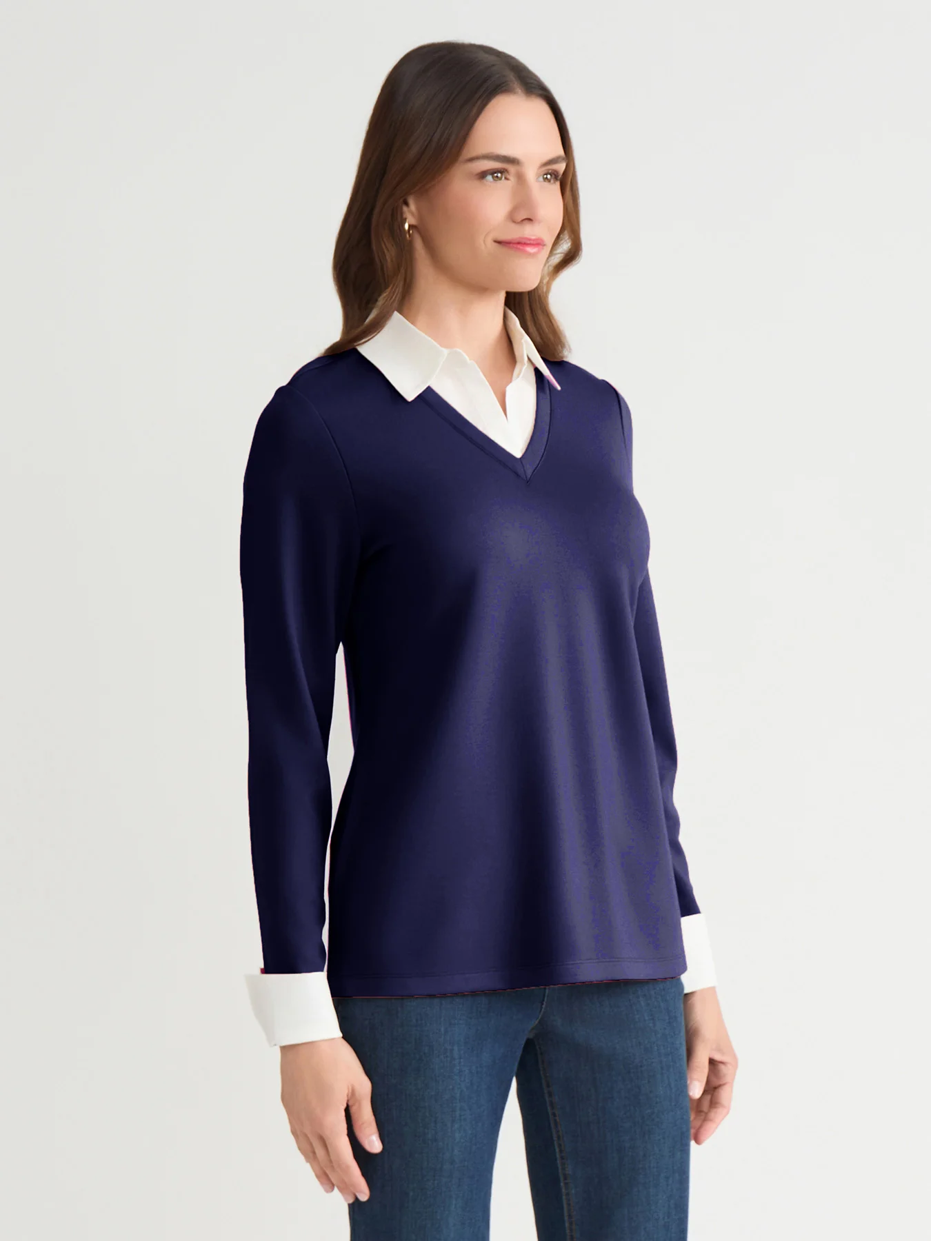 Collared Shirt V-Neck Two-Fer Top - Image 2