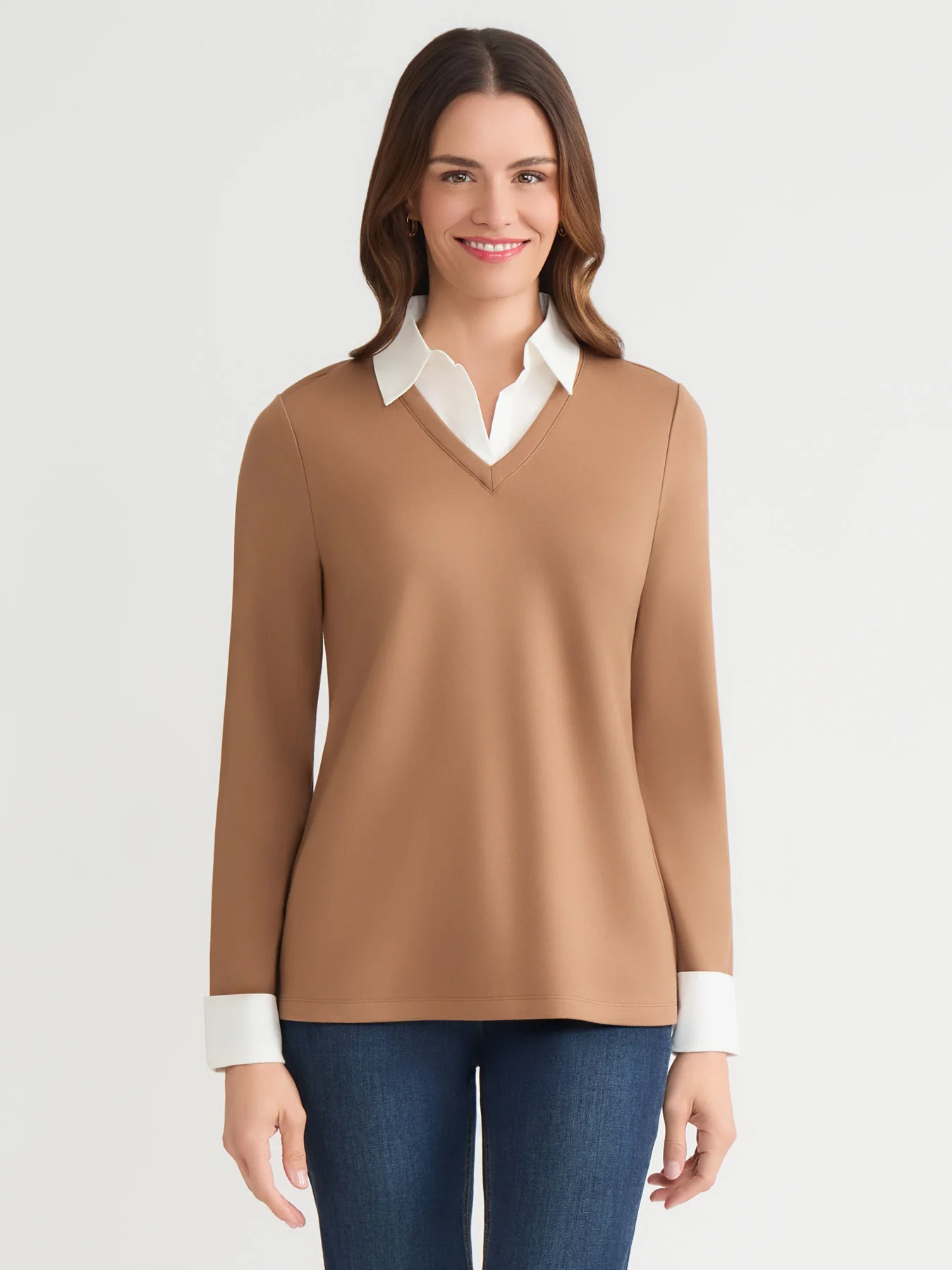 Petite Collared Shirt V-Neck Two-Fer Top, Serenity Knit