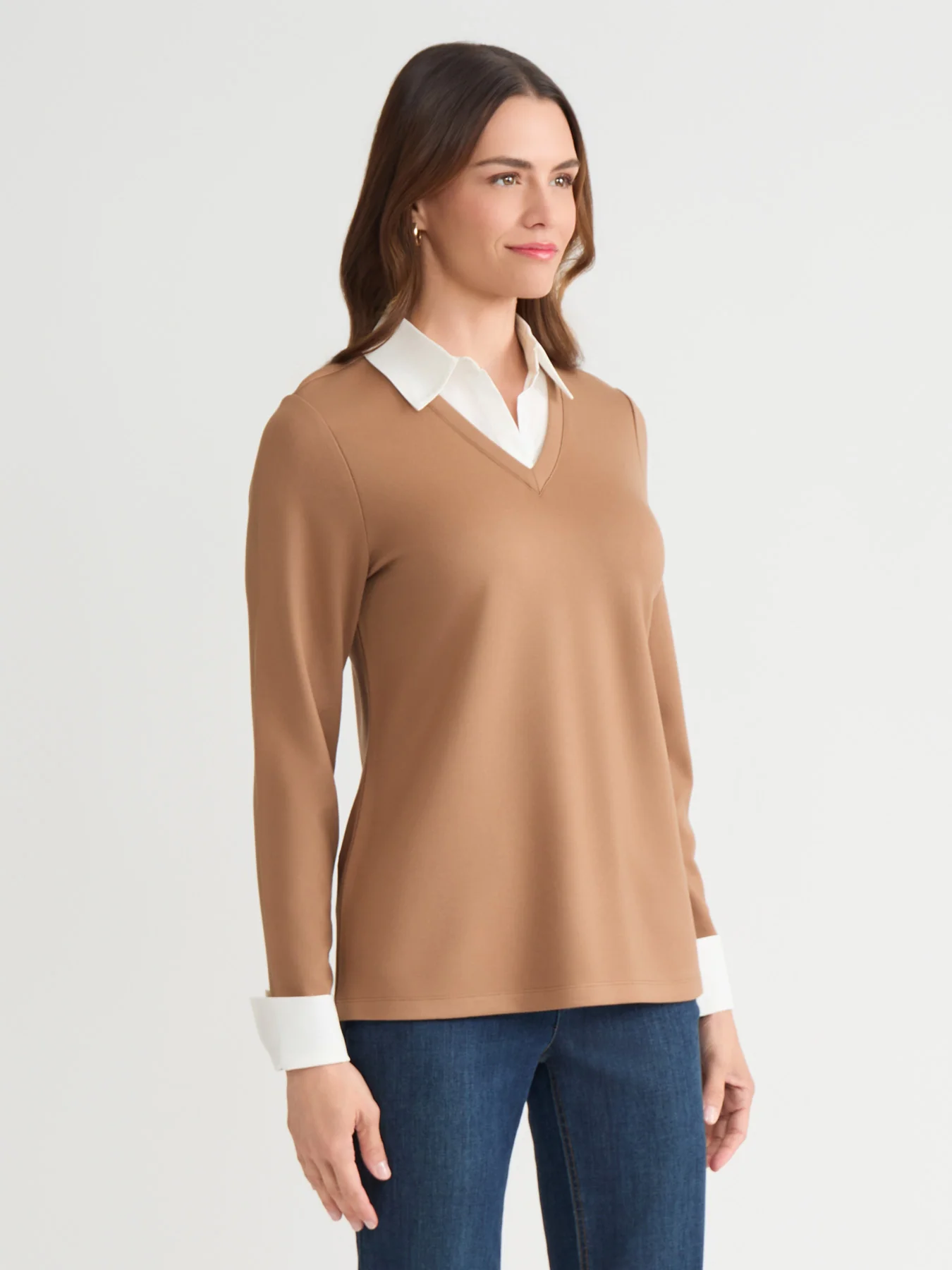 Petite Collared Shirt V-Neck Two-Fer Top, Serenity Knit - Image 2