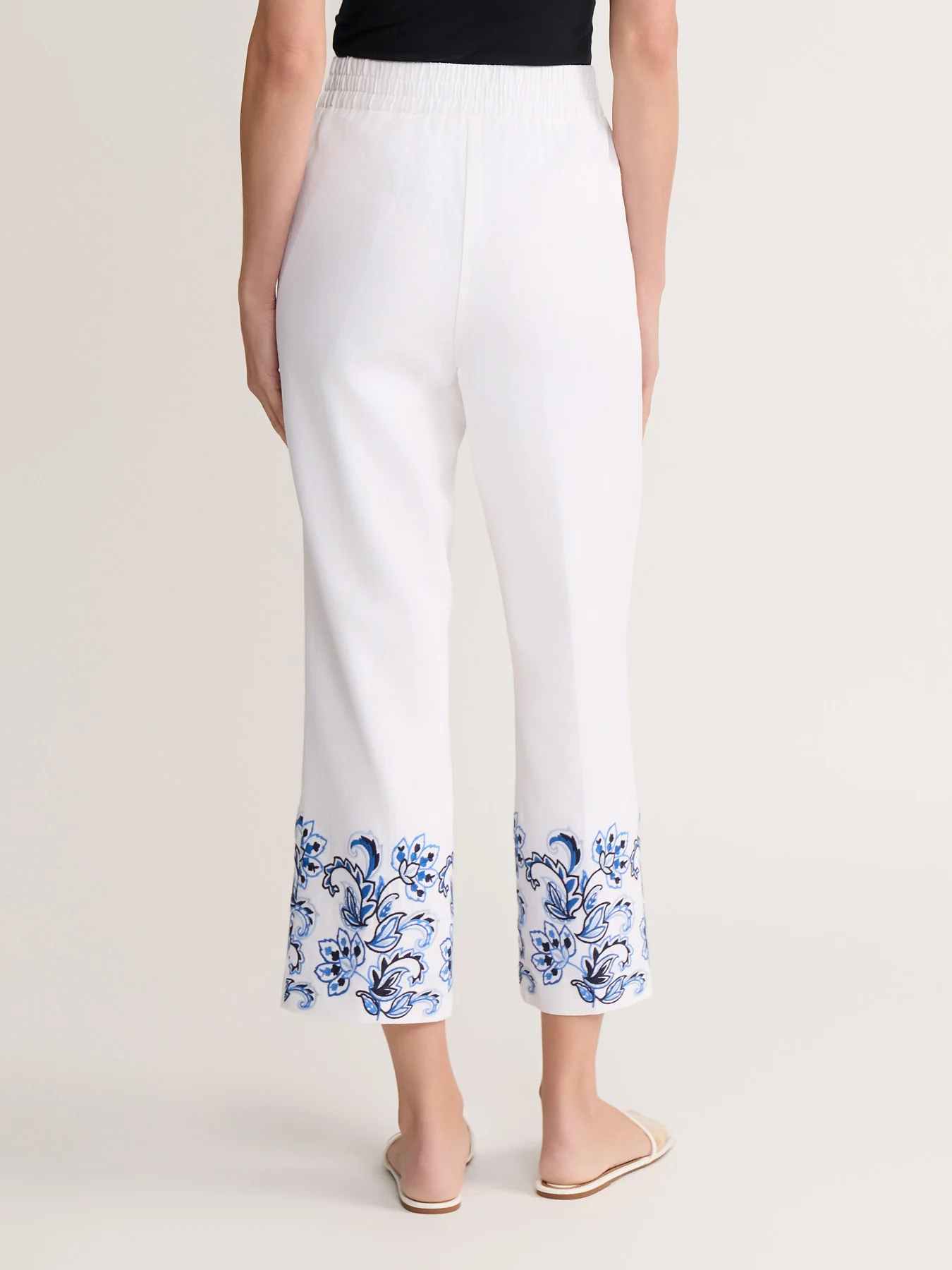 Cropped Embroidered Pull-On Pant, Linen - Image 4