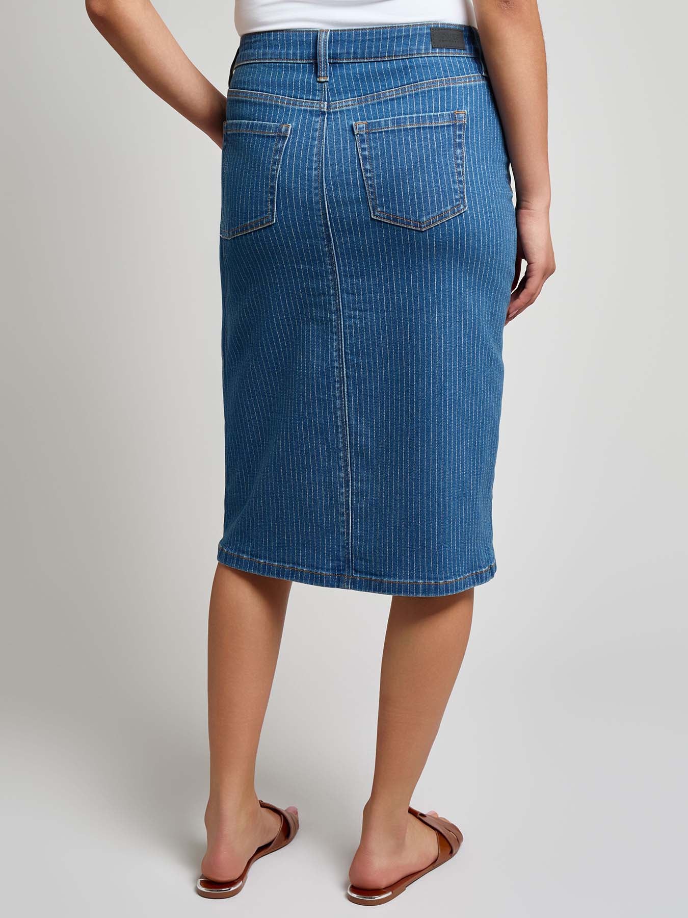 Denim Midi Front Slit Skirt, Indigo Pinstripe - Image 3