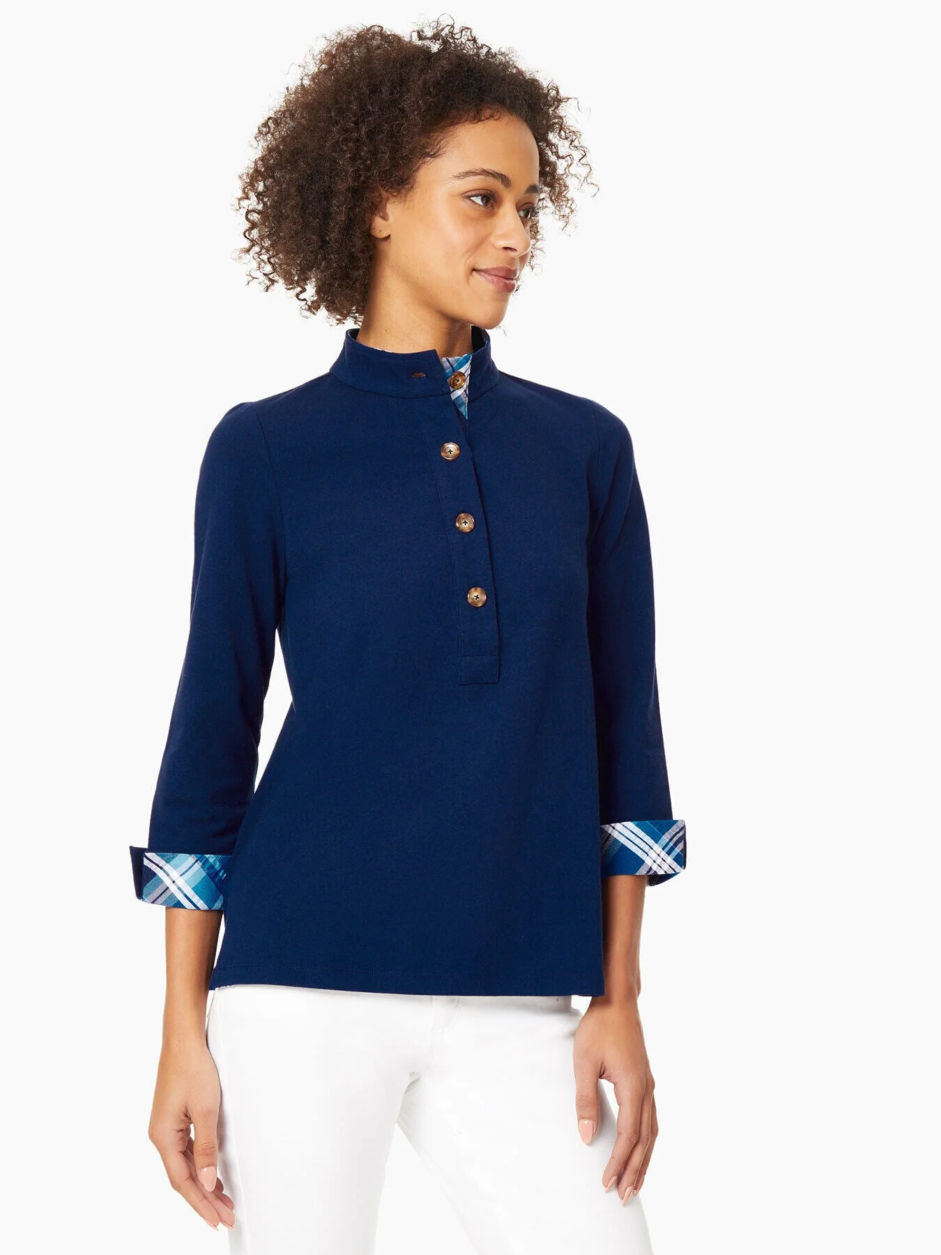 Development Testing | 3/4 Sleeve Button Neck Mixed-Media Tunic - Image 3