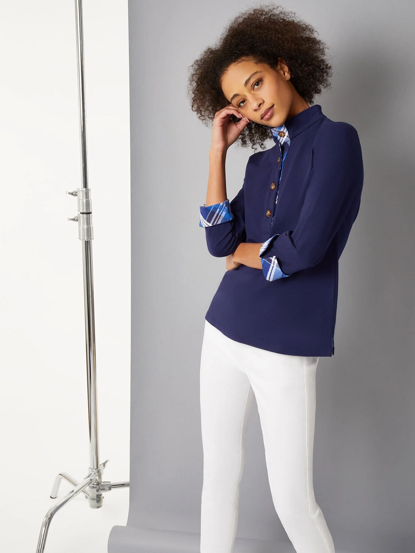 Development Testing | 3/4 Sleeve Button Neck Mixed-Media Tunic - Image 5
