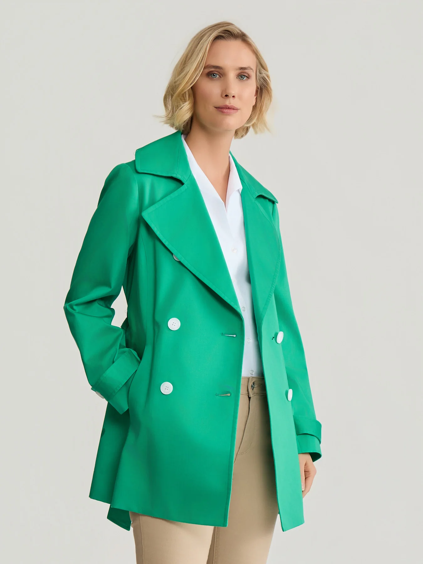 Double Breasted Trench Coat, Stretch Sateen - Image 2