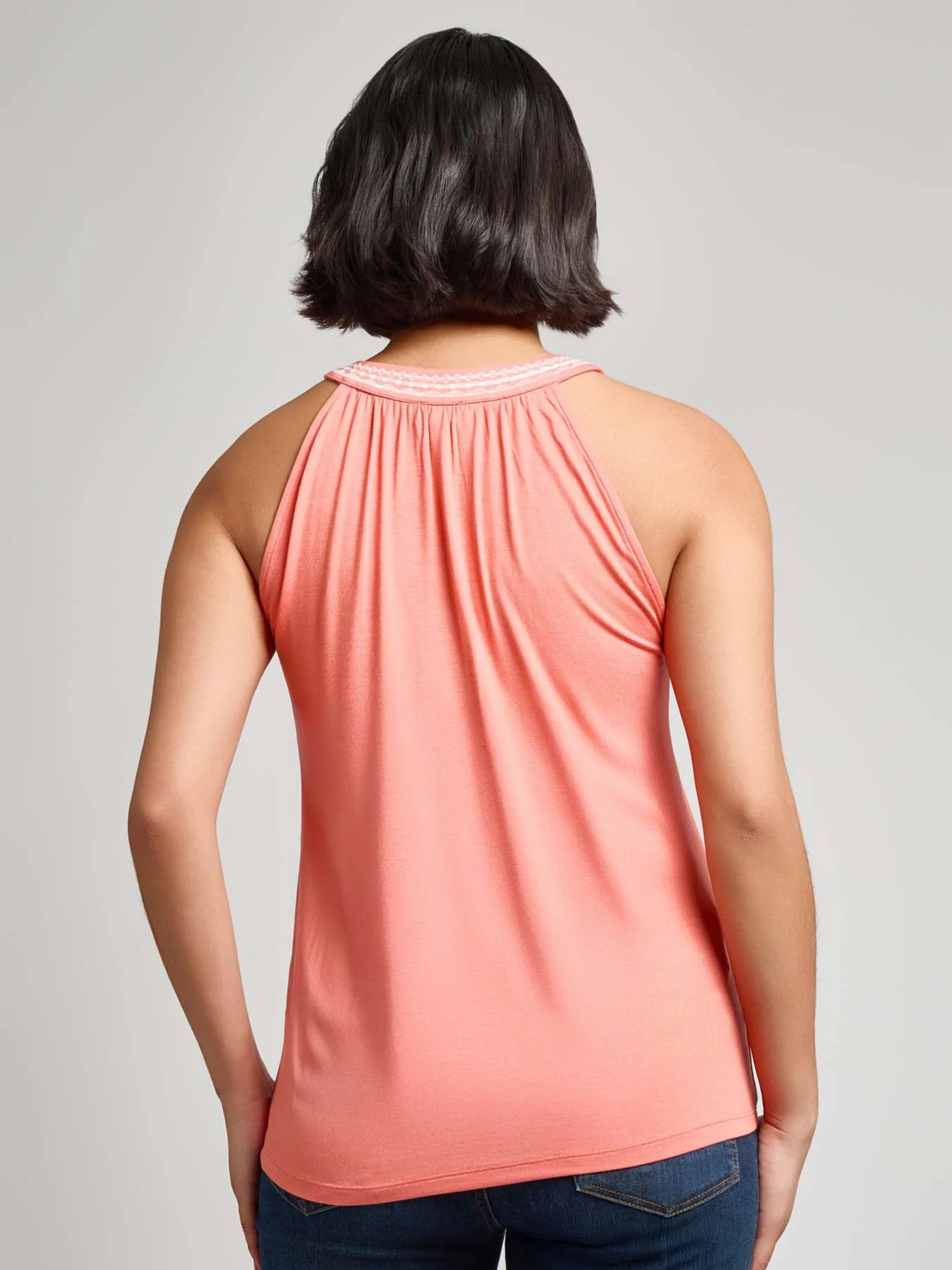 Embroidered Halter Neck Tank, Stretch Viscose - Image 3