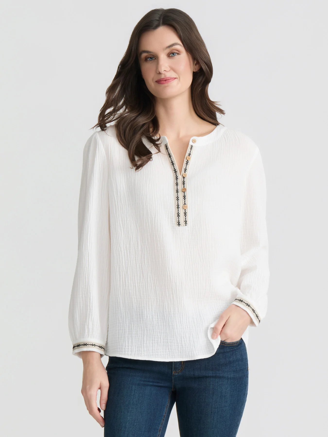 Embroidered Popover Blouse, Cotton