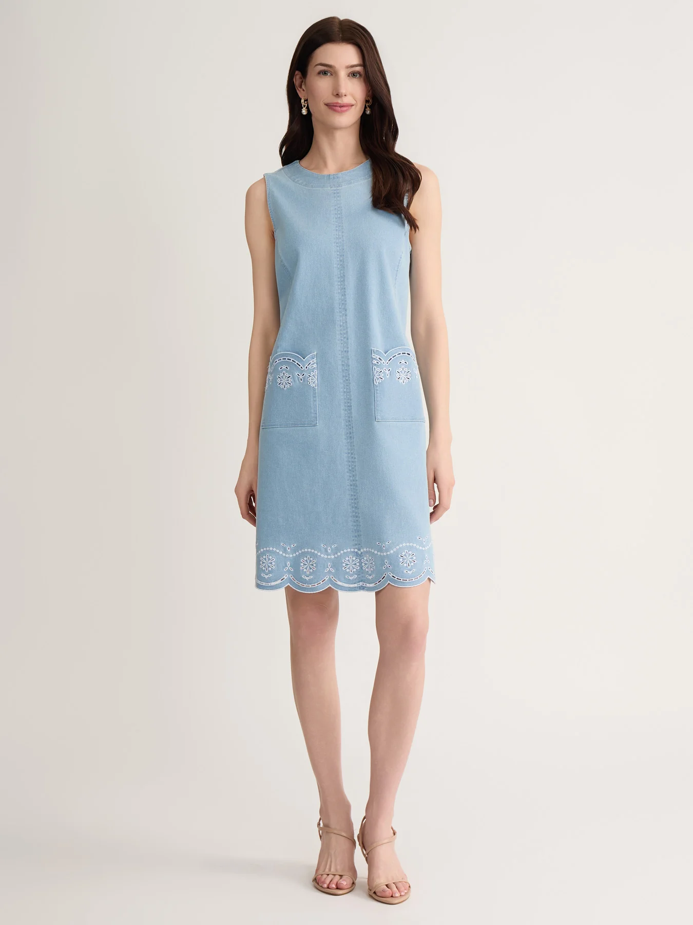 Embroidered Sleeveless Denim Dress