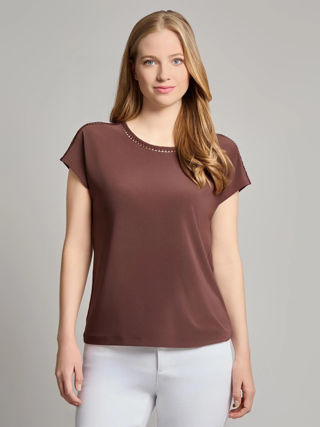 Extended Shoulder Trim Neck Top, Knit Jersey