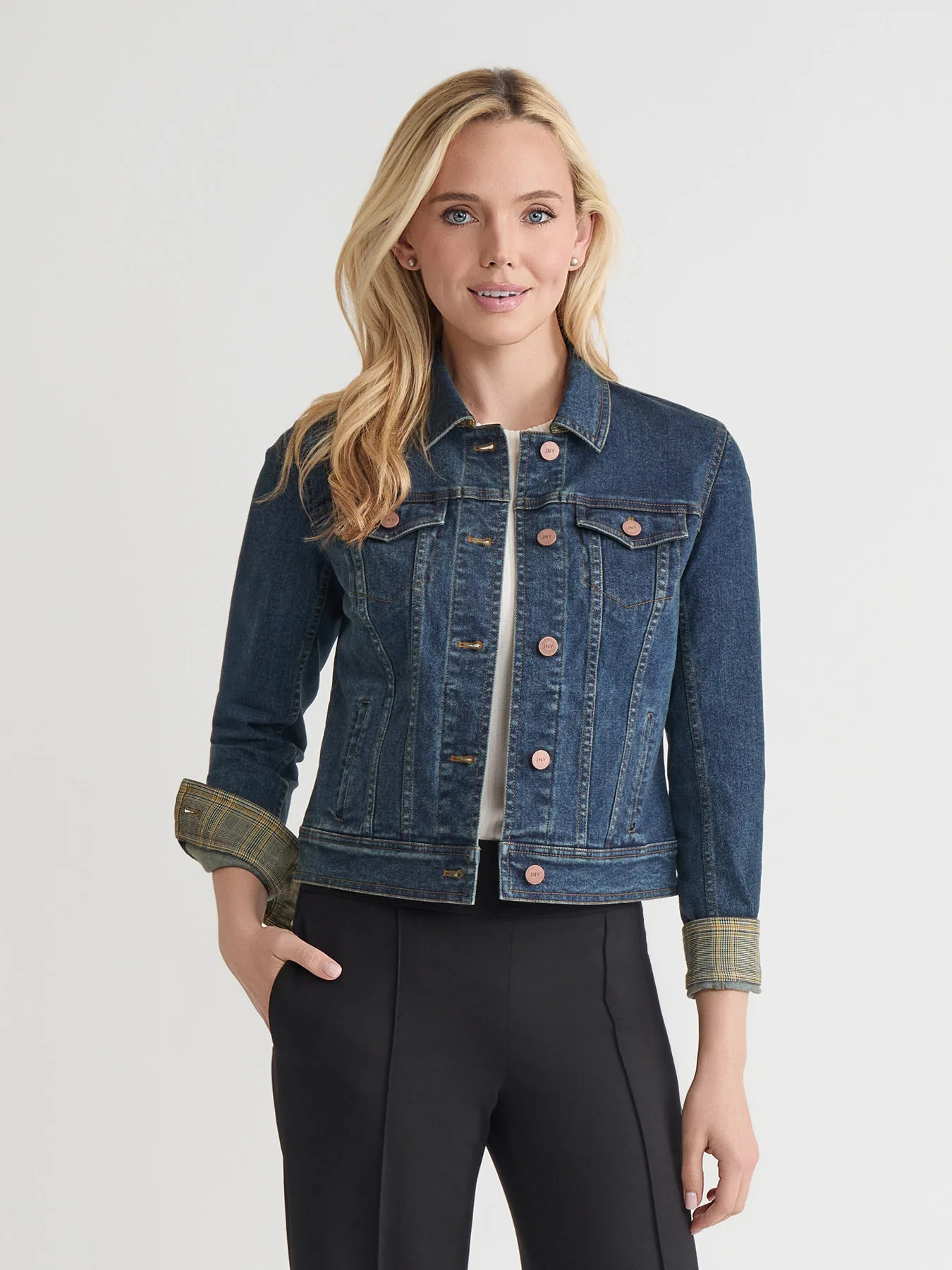 Houndstooth Trim Trucker Jacket, Stretch Denim - Image 2