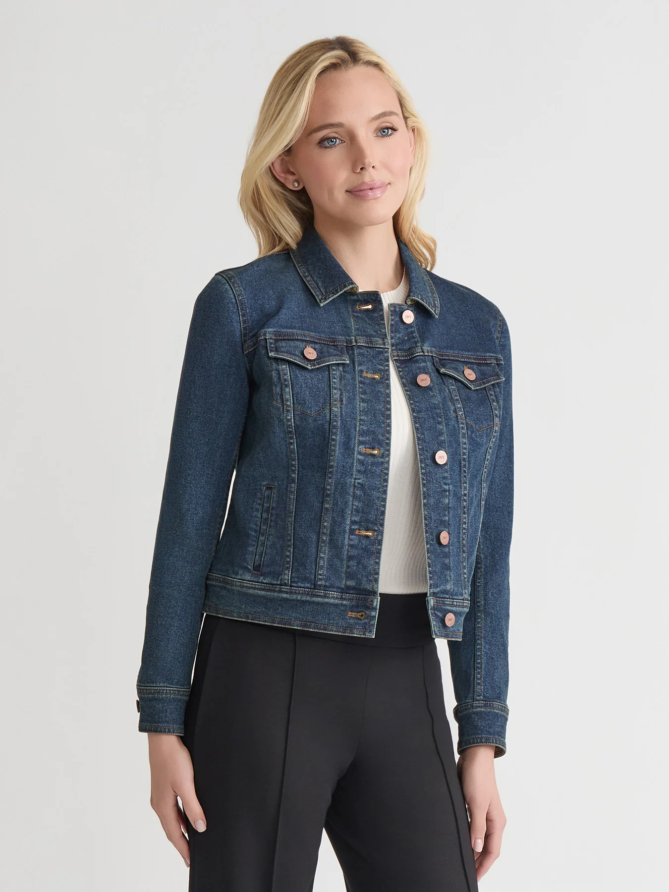 Houndstooth Trim Trucker Jacket, Stretch Denim - Image 3