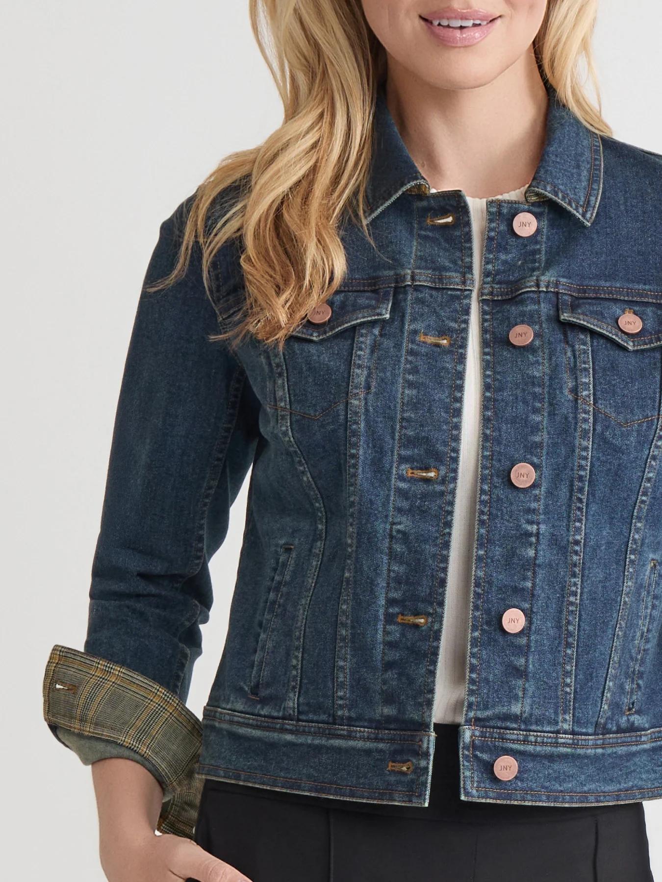 Houndstooth Trim Trucker Jacket, Stretch Denim - Image 4