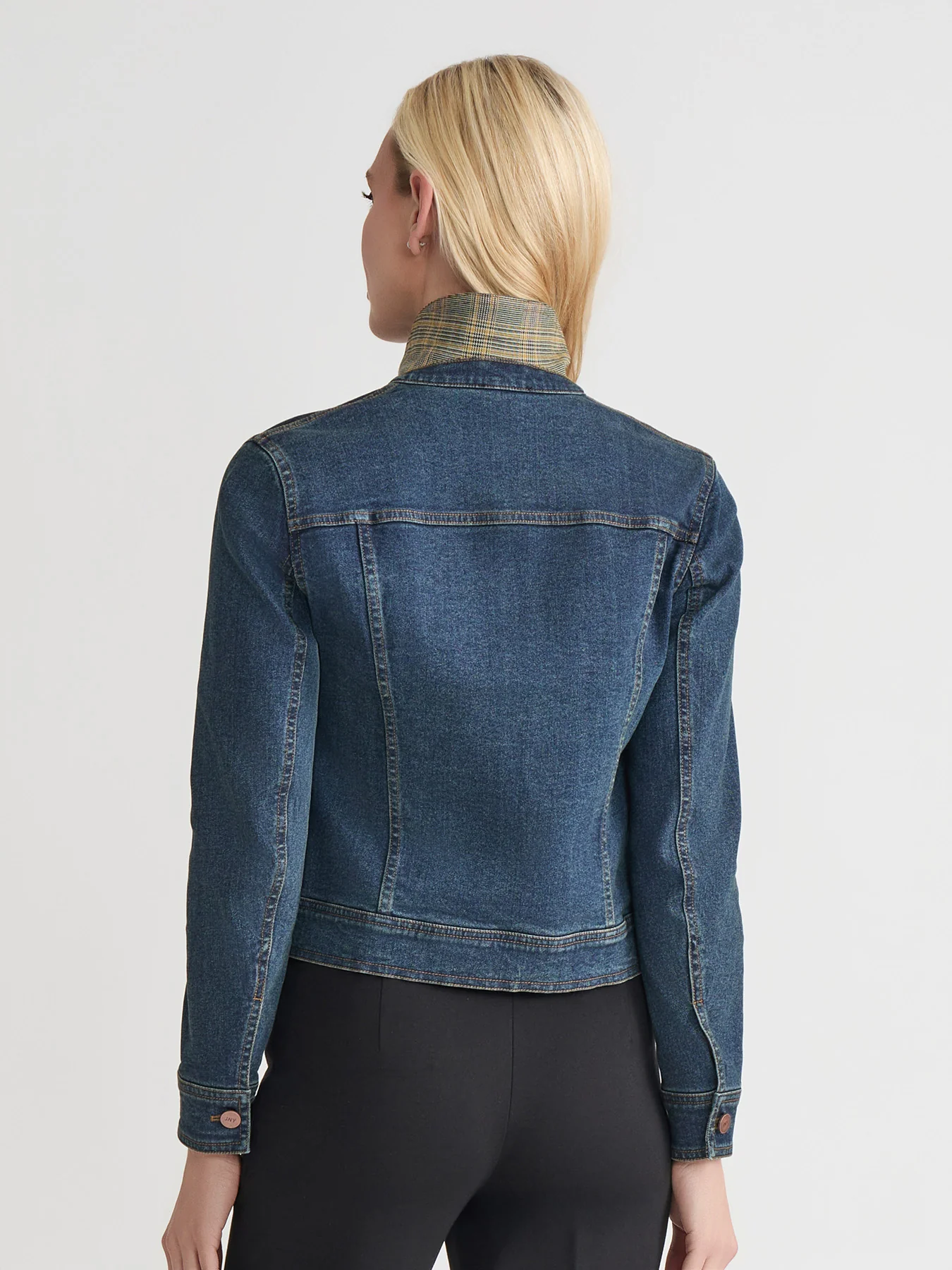 Houndstooth Trim Trucker Jacket, Stretch Denim - Image 5