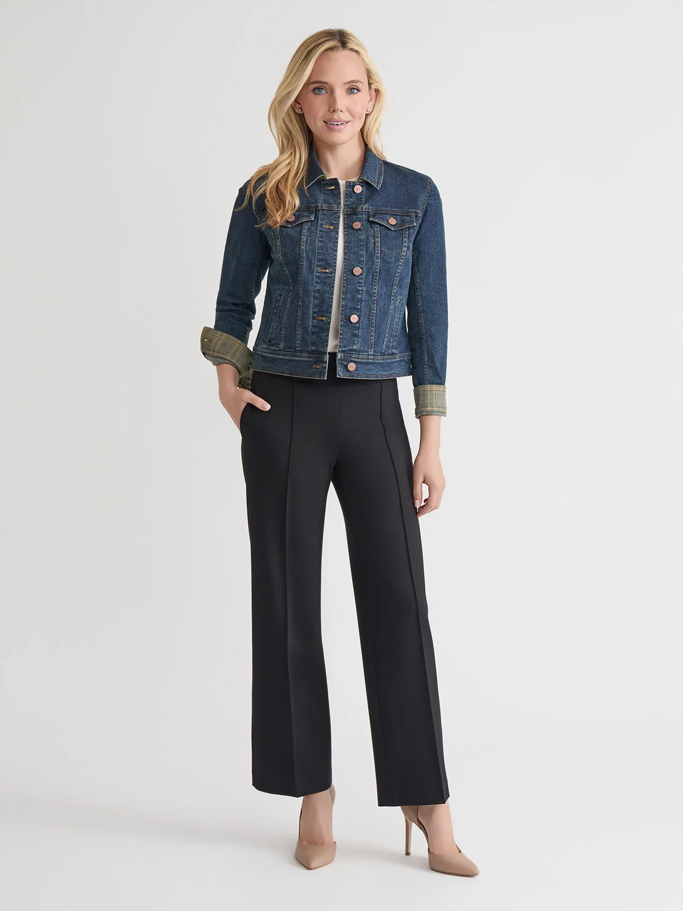 Houndstooth Trim Trucker Jacket, Stretch Denim - Image 6