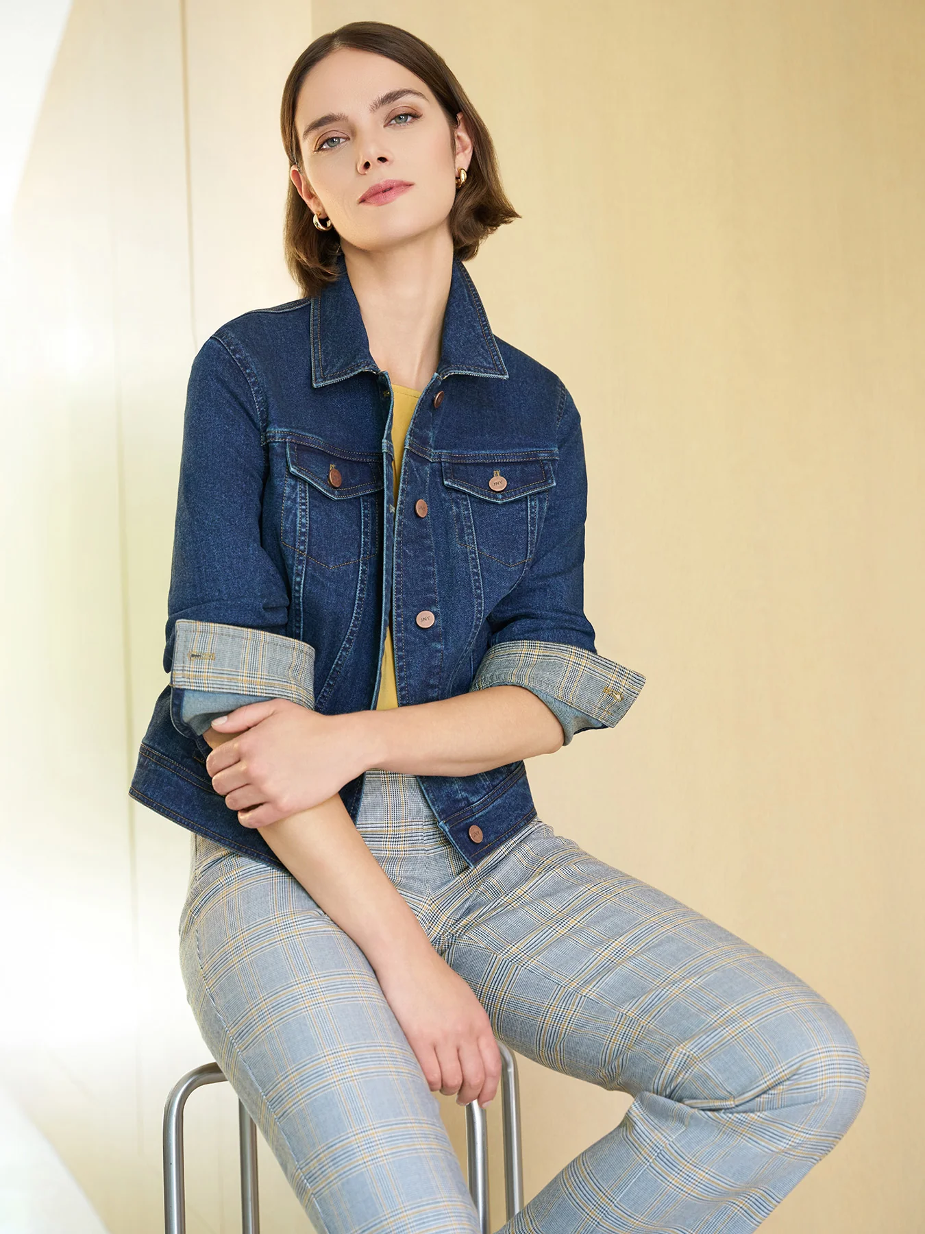 Houndstooth Trim Trucker Jacket, Stretch Denim - Image 7