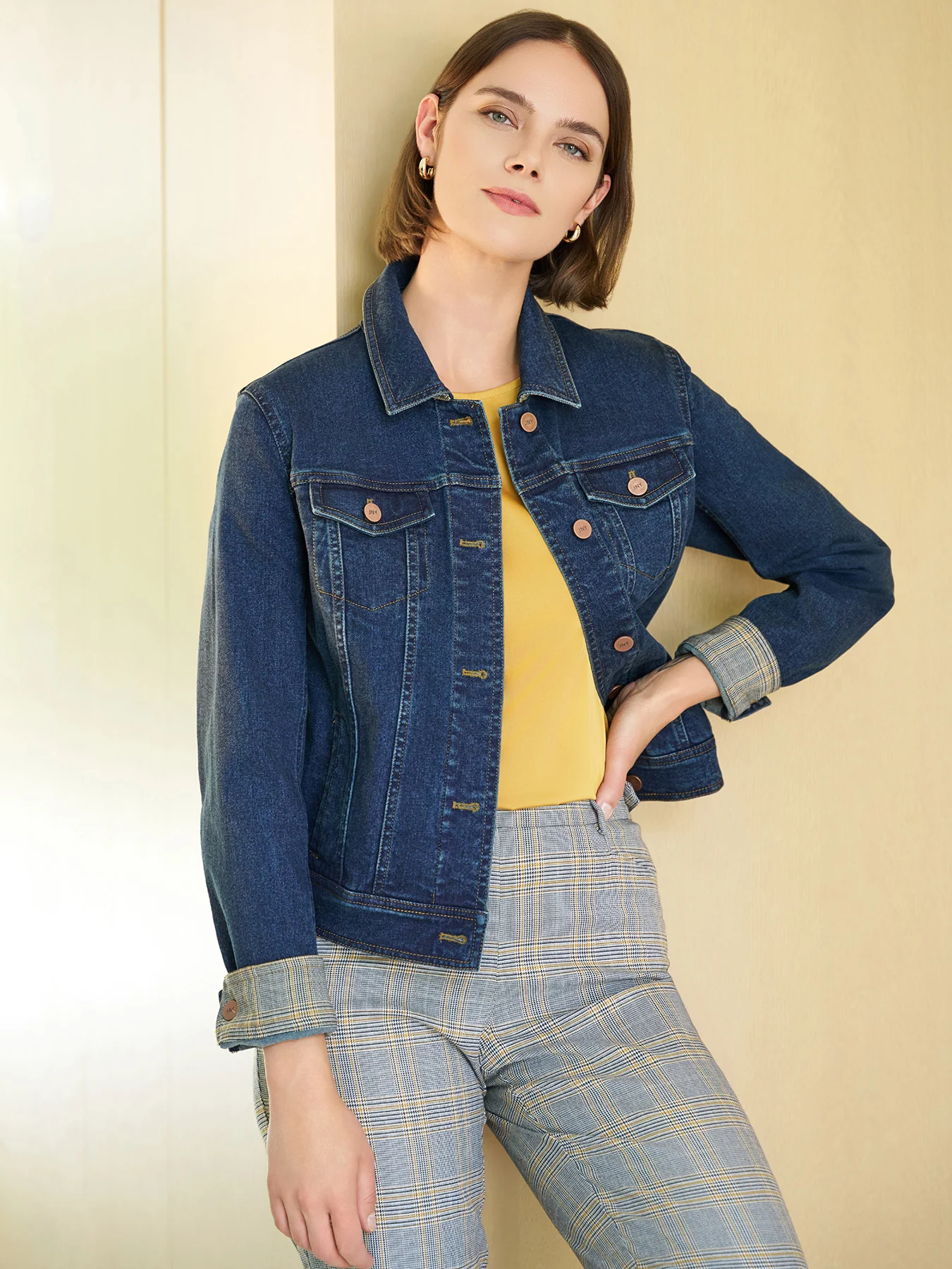 Houndstooth Trim Trucker Jacket, Stretch Denim - Image 8