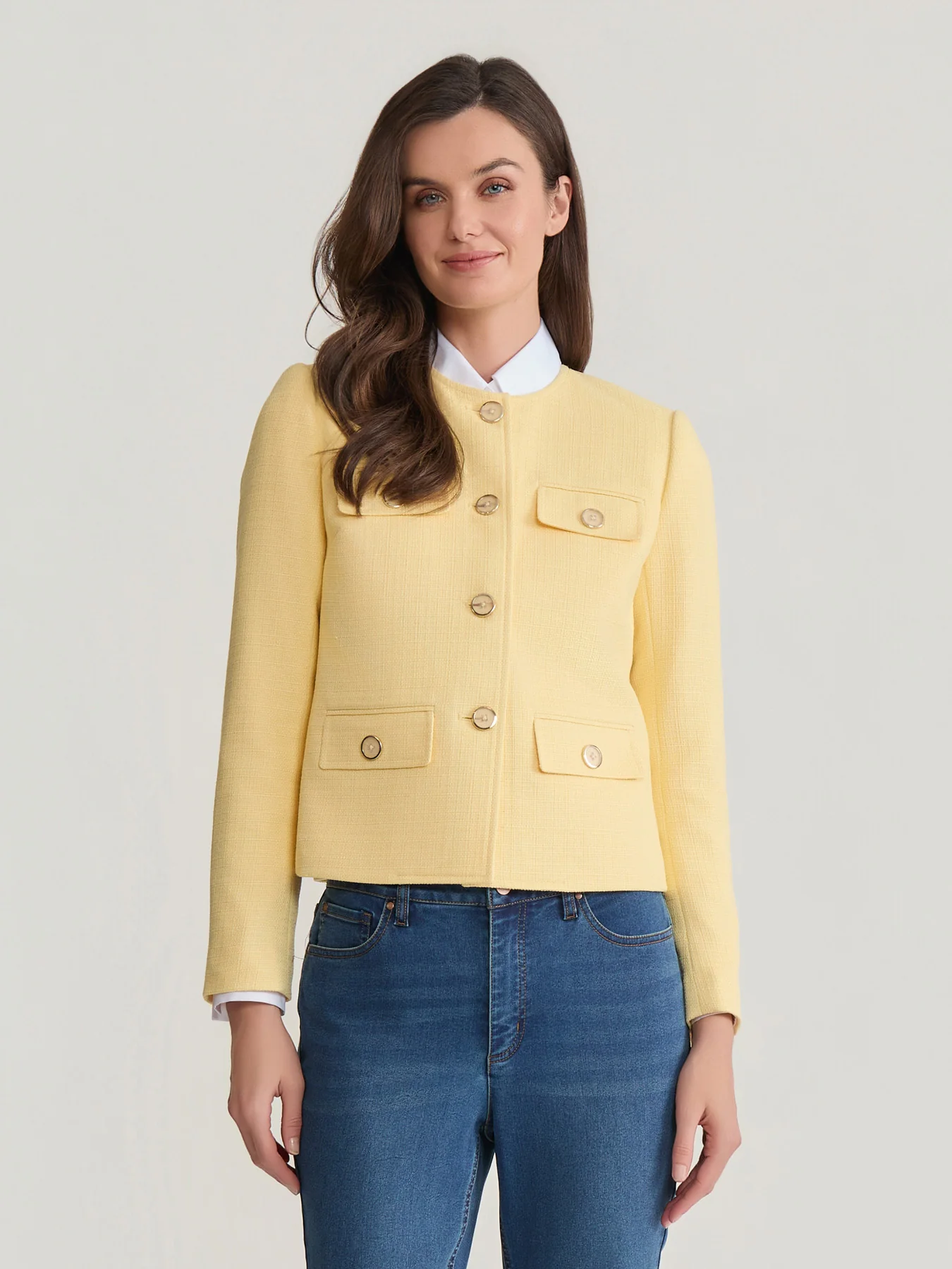 Jewel Neck Flap Pocket Jacket, Tweed