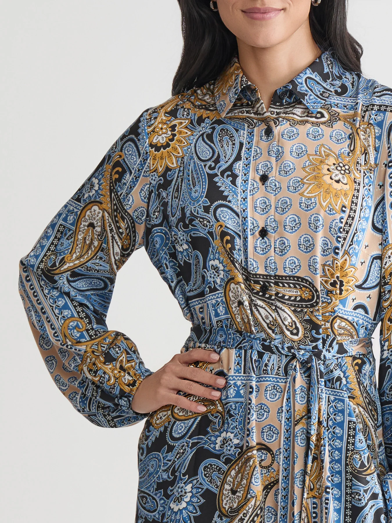 Long Sleeve Belted Shirt Dress, Flat Satin - Image 3