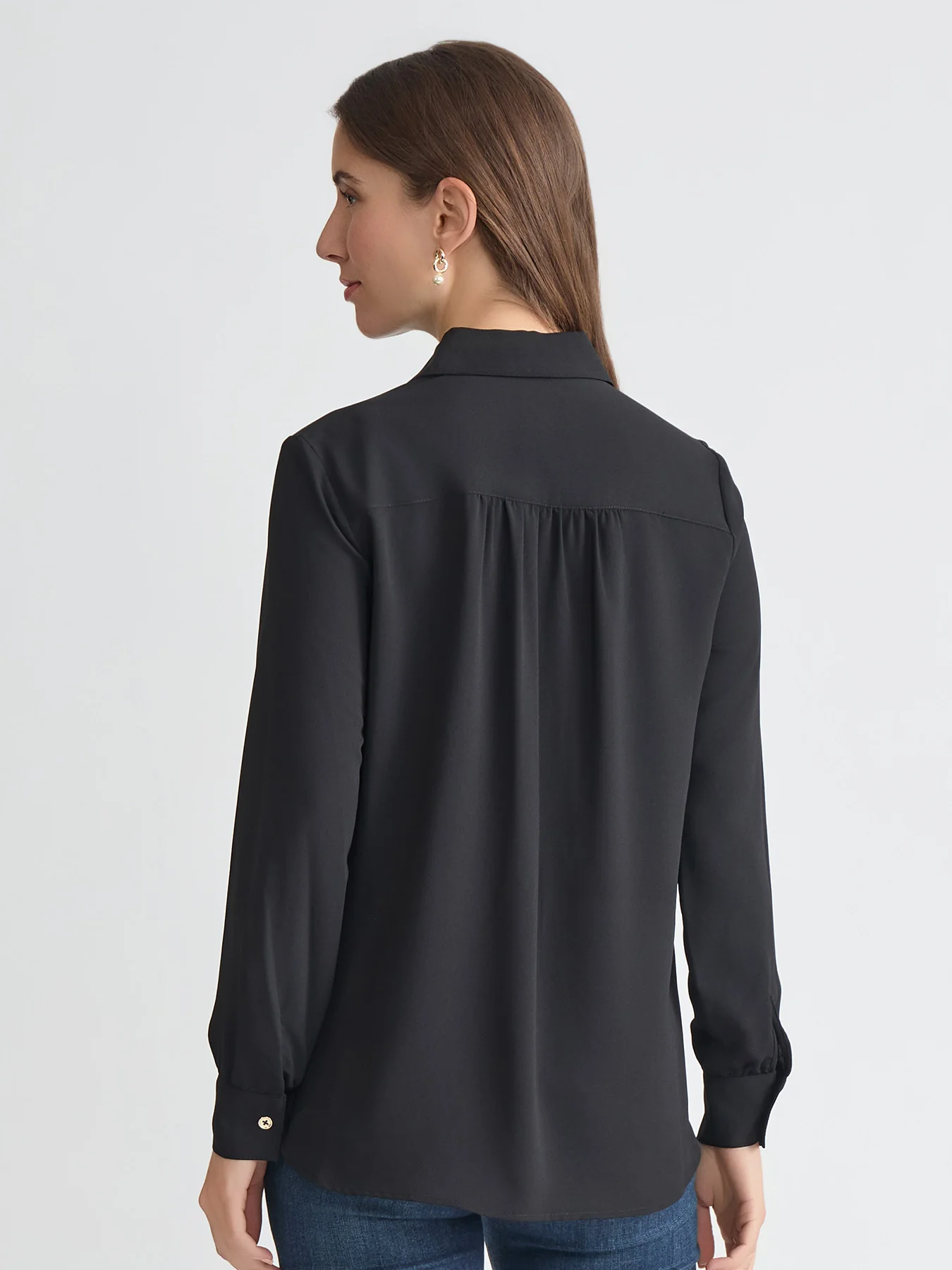 Long Sleeve Collared Popover Blouse, Crepe de Chine - Image 3