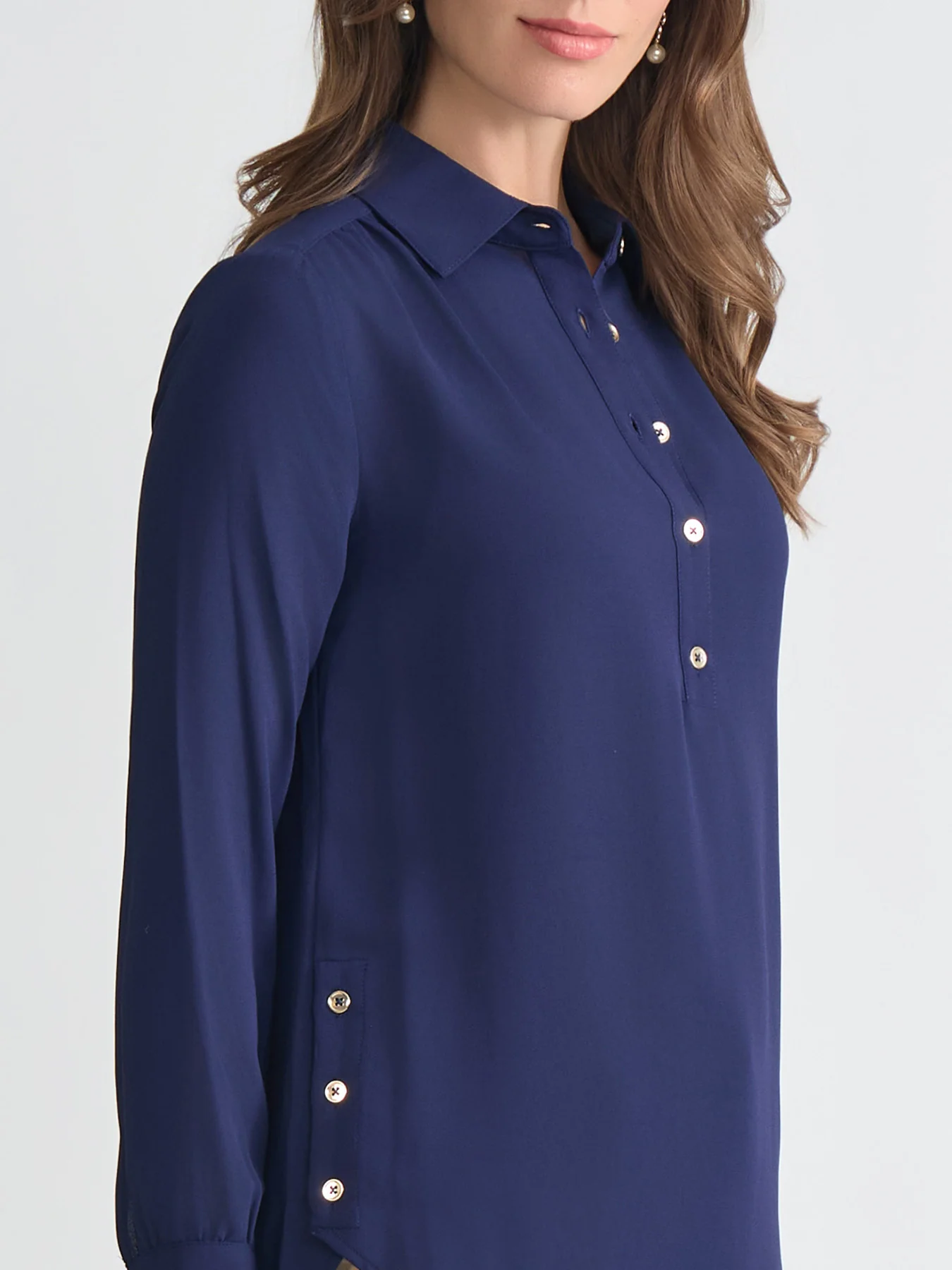 Long Sleeve Collared Popover Blouse, Crepe De Chine - Image 3
