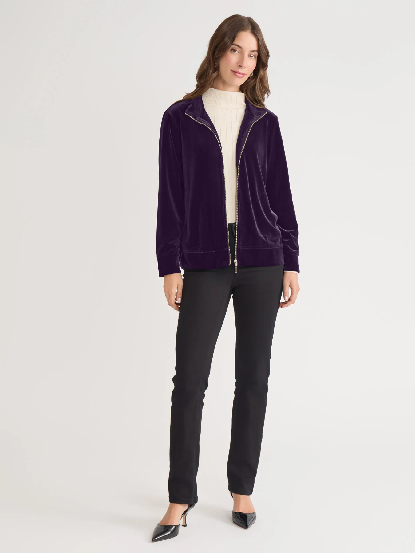 Mock Neck Zip-Front Velour Jacket - Image 5