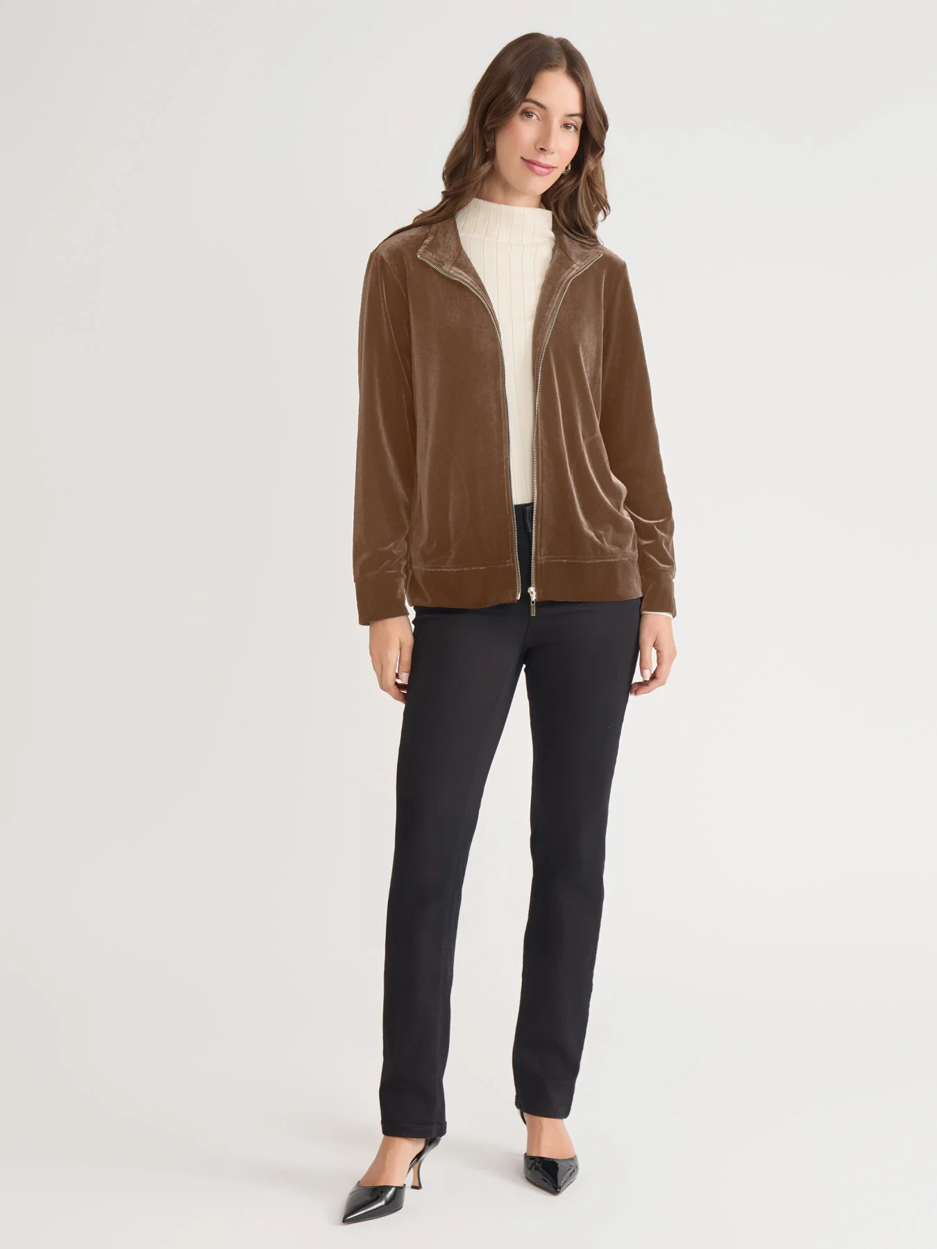 Mock Neck Zip-Front Velour Jacket - Image 5