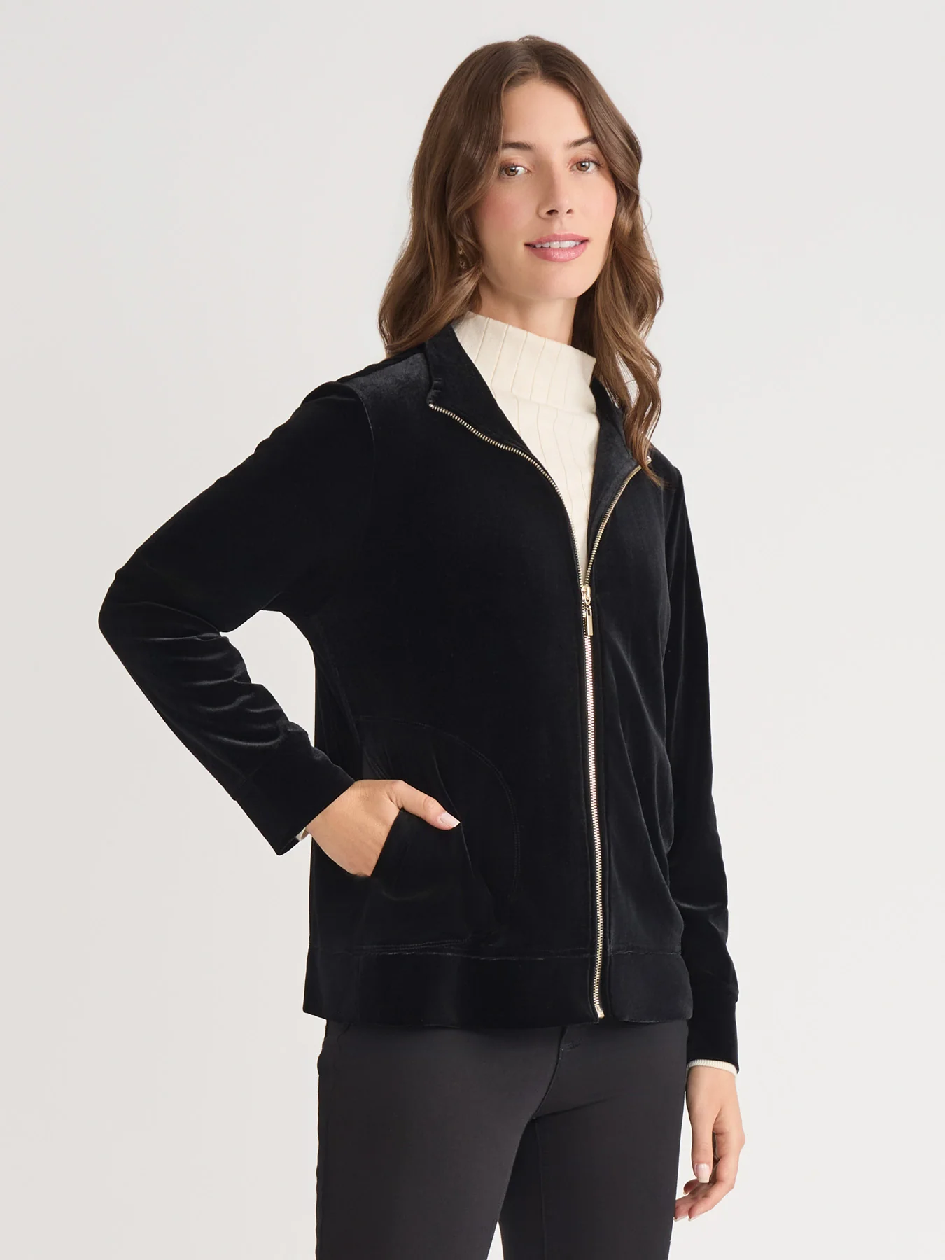 Mock Neck Zip-Front Velour Jacket - Image 2