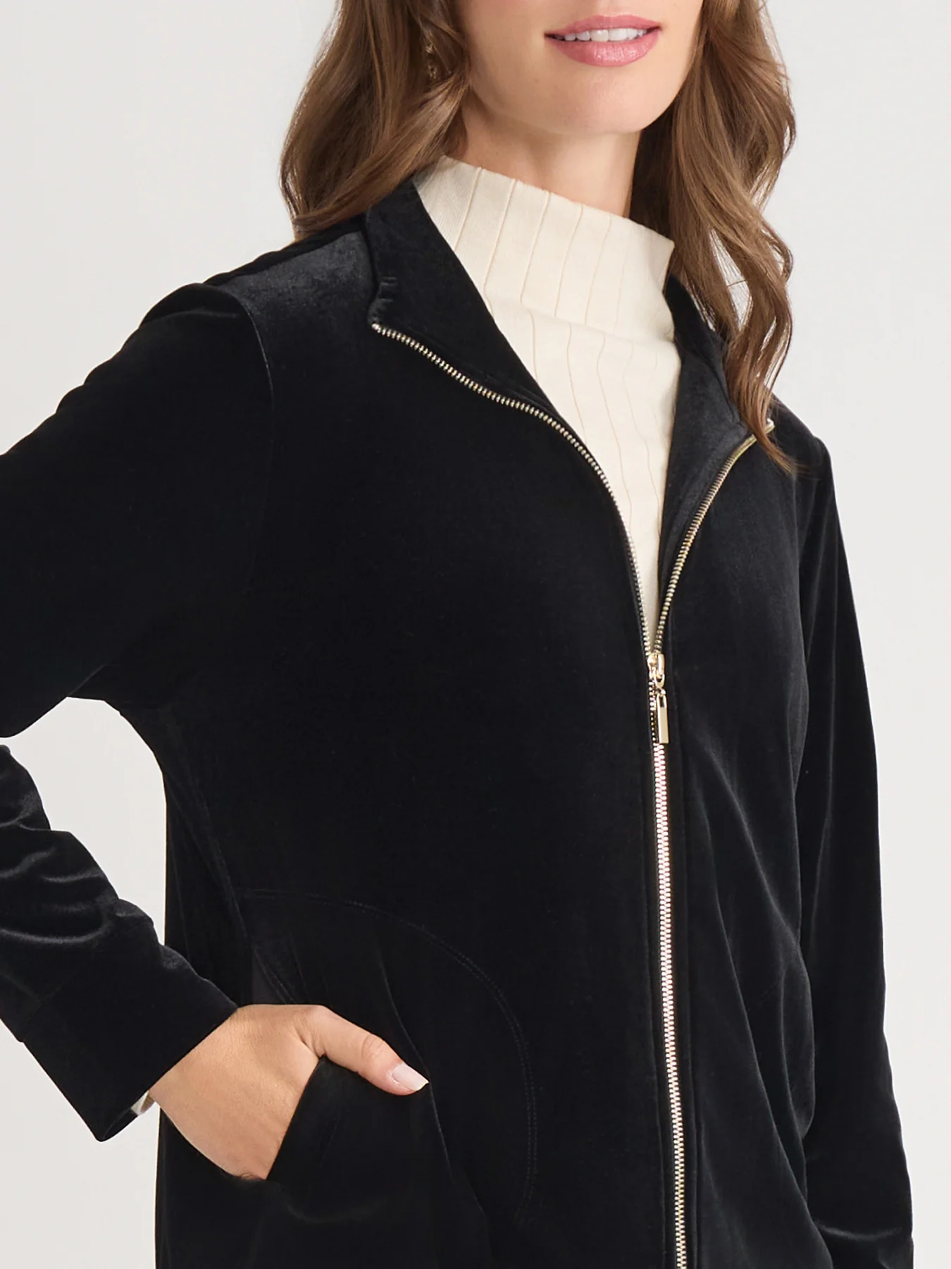 Mock Neck Zip-Front Velour Jacket - Image 3