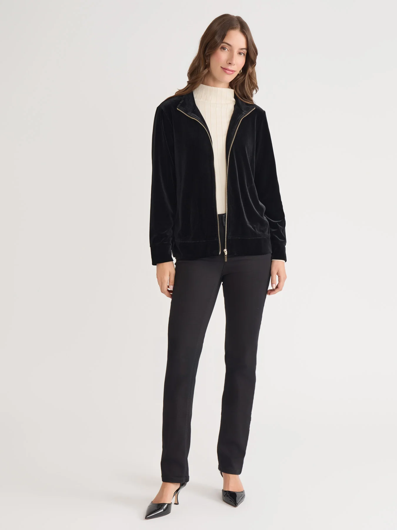 Mock Neck Zip-Front Velour Jacket - Image 5
