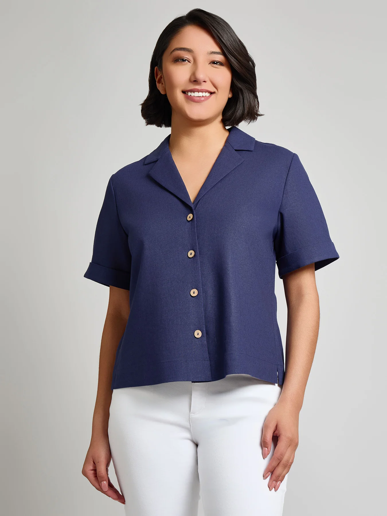 Notch Collar Button Front Shirt, Linen Blend