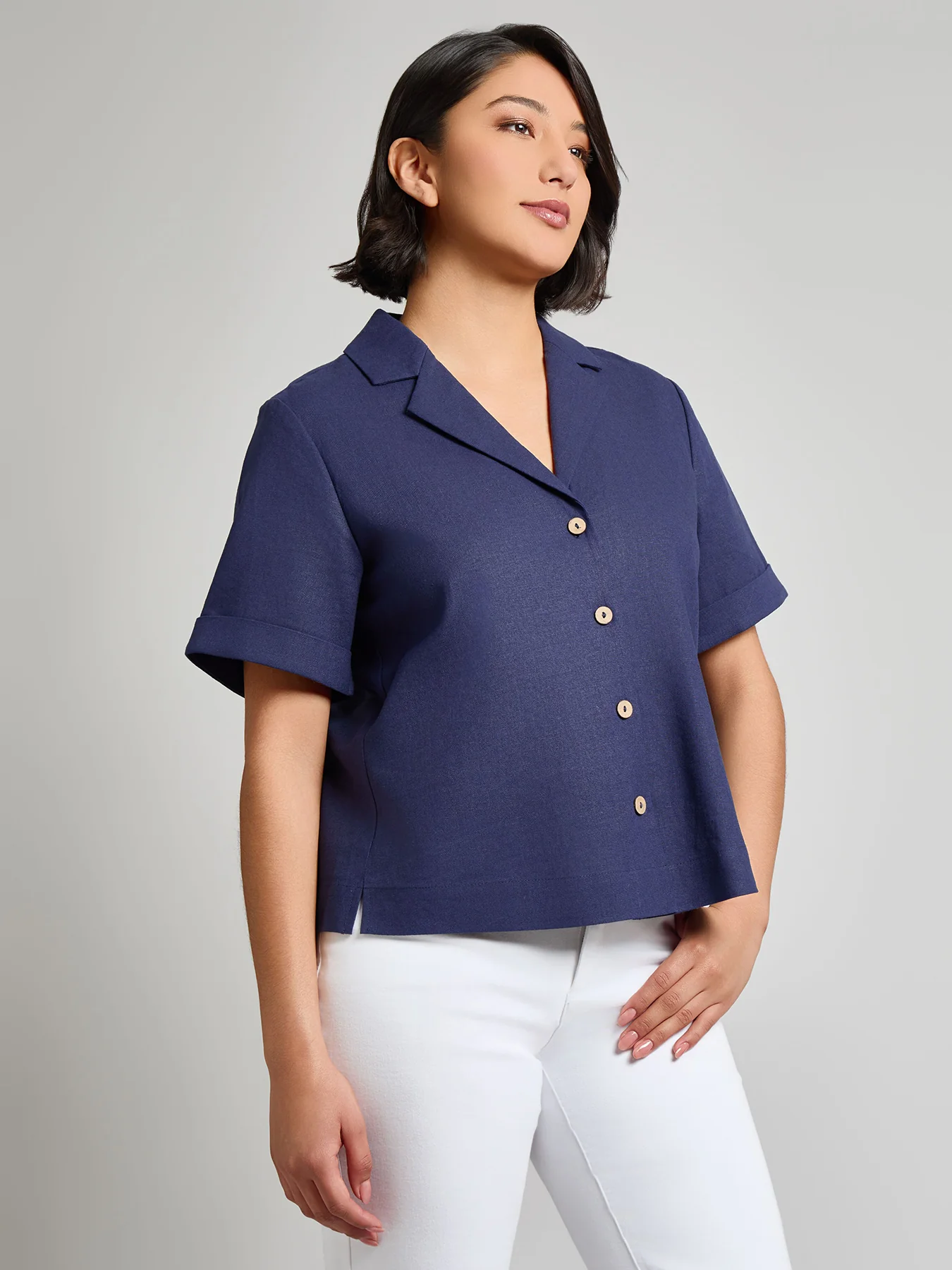 Notch Collar Button Front Shirt, Linen Blend - Image 2