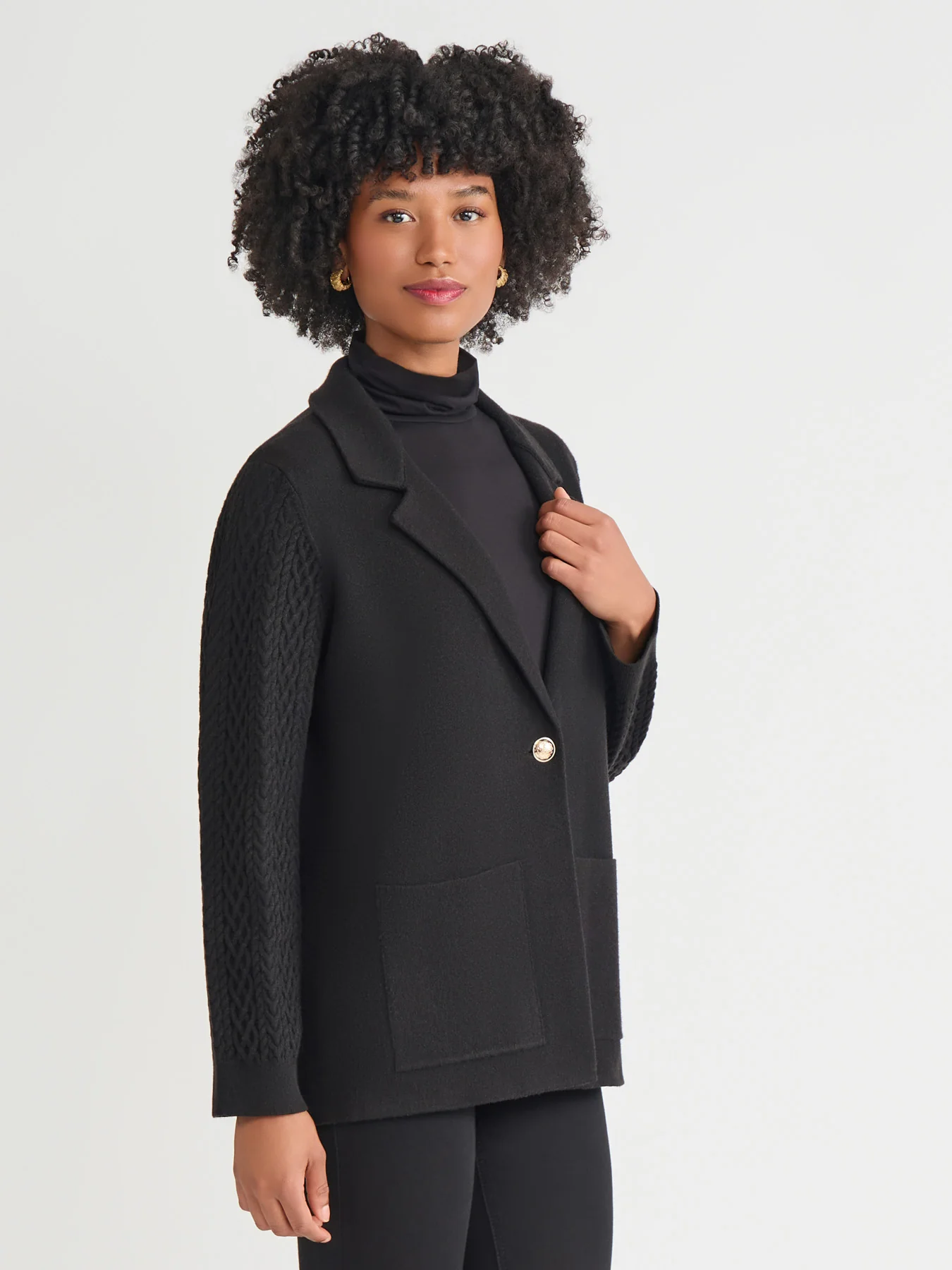 Notch Collar Cable Knit Sleeve Blazer - Image 2
