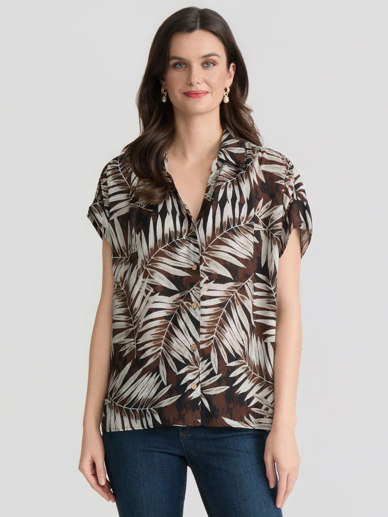 Botanical Button-Up Top, Printed Crepe - Image 2