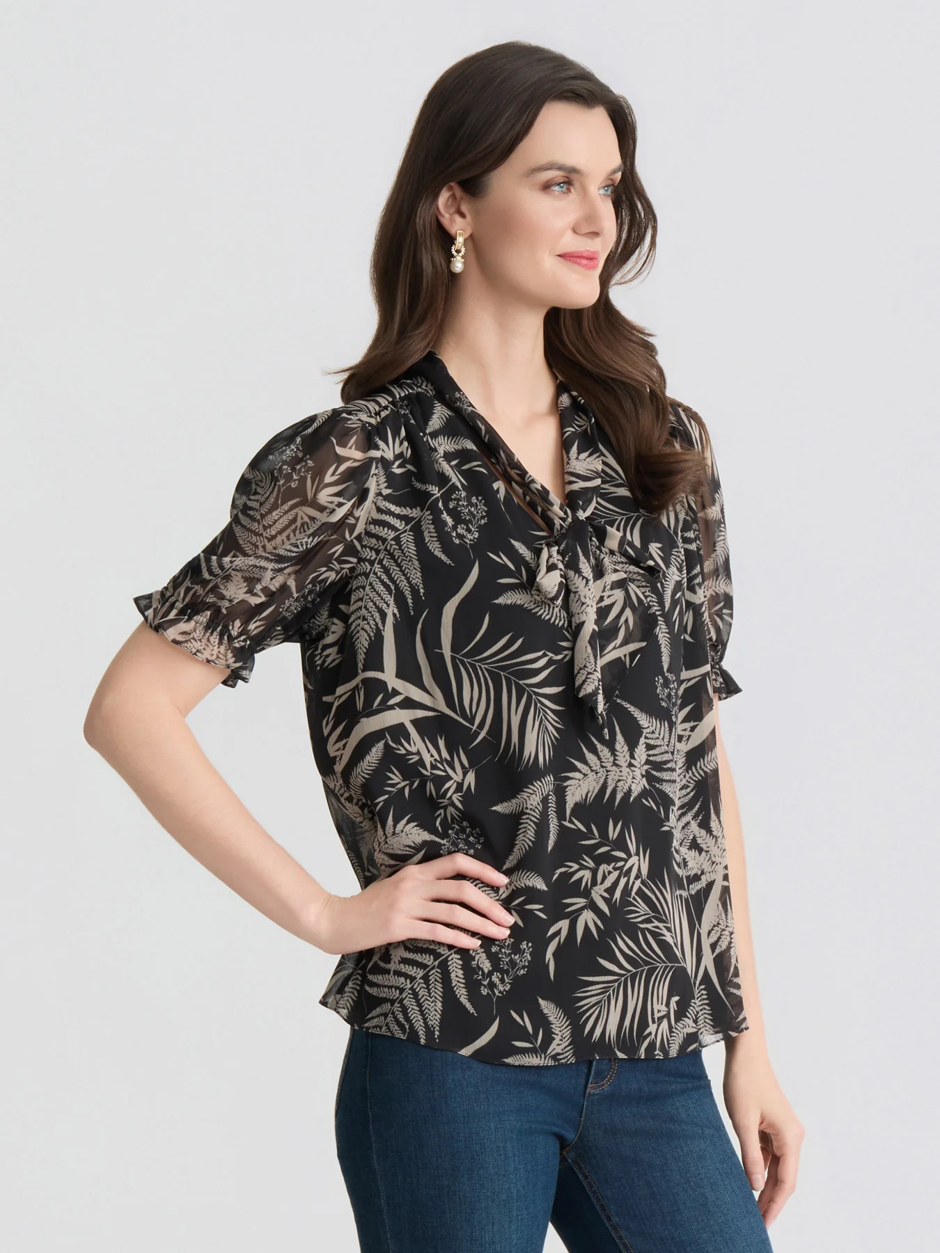 Petite Botanical Tie-Neck Blouse, Printed Yoryu - Image 3