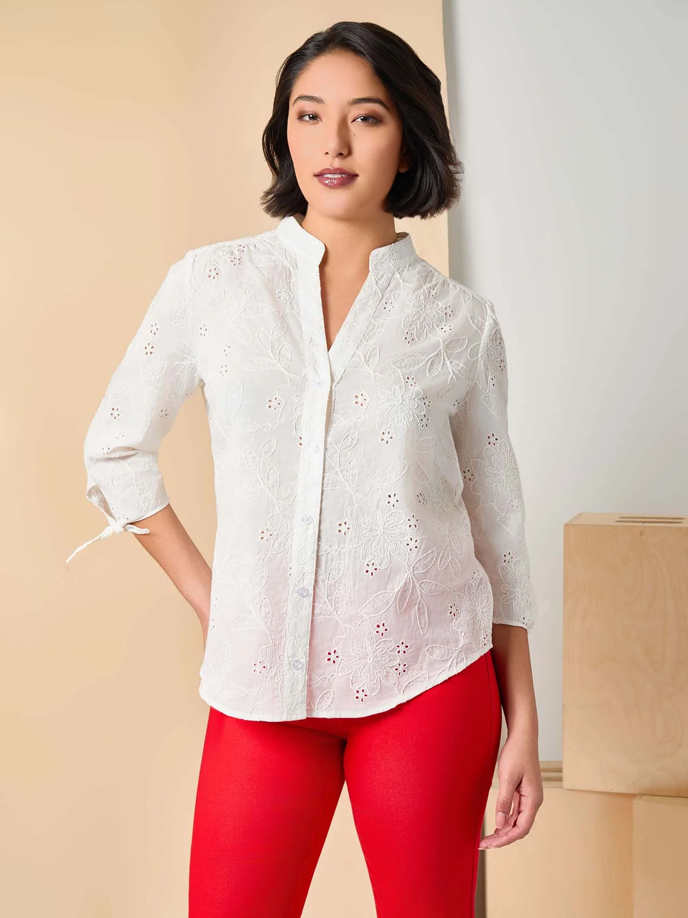 Petite Button Front Tie-Sleeve Shirt, Cotton Eyelet