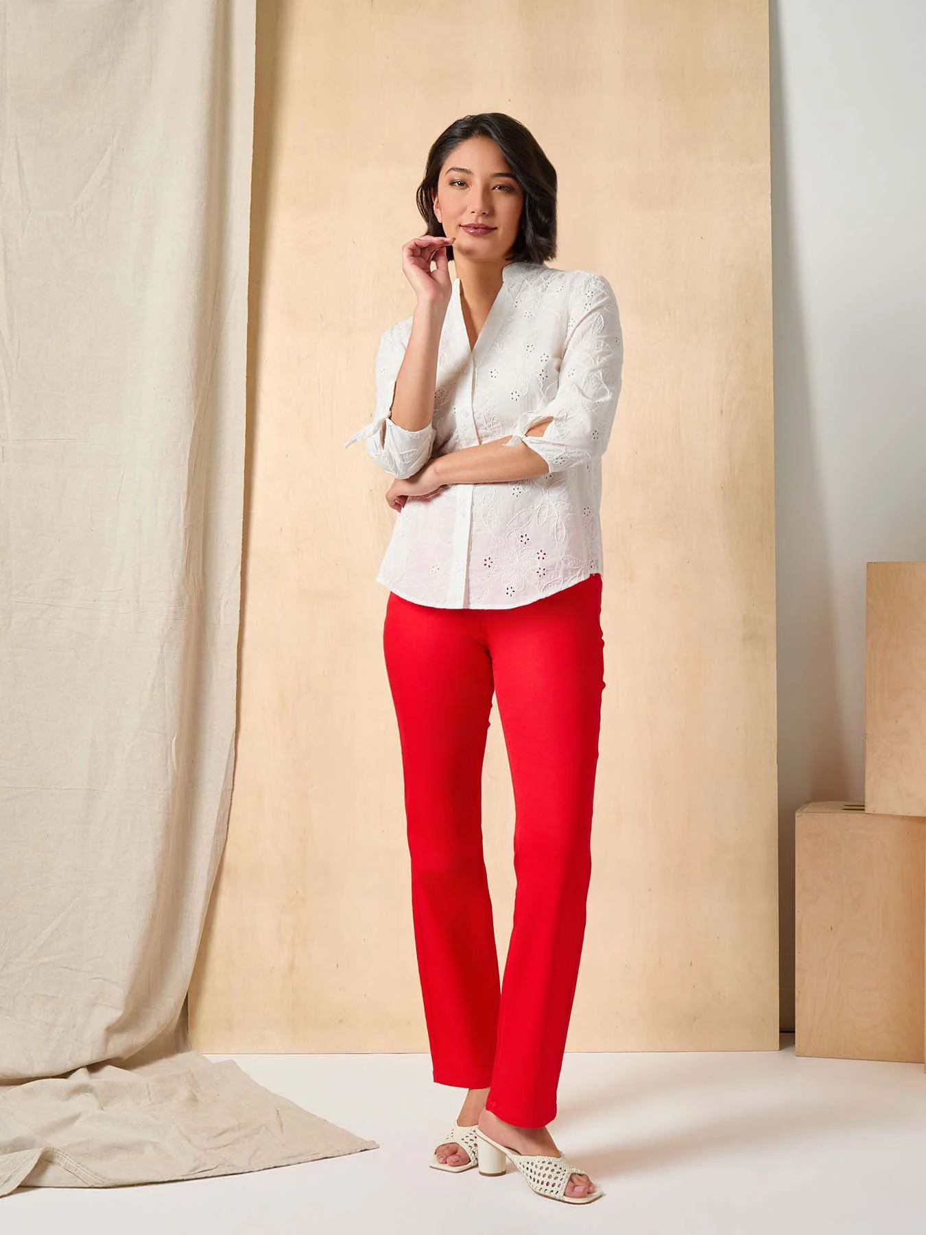 Petite Button Front Tie-Sleeve Shirt, Cotton Eyelet - Image 5