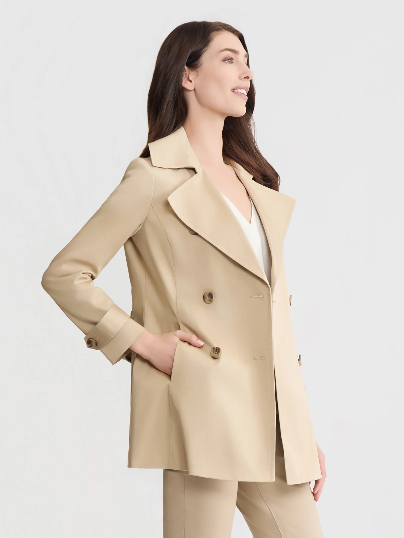 Petite Double Breasted Trench Coat, Stretch Sateen - Image 2
